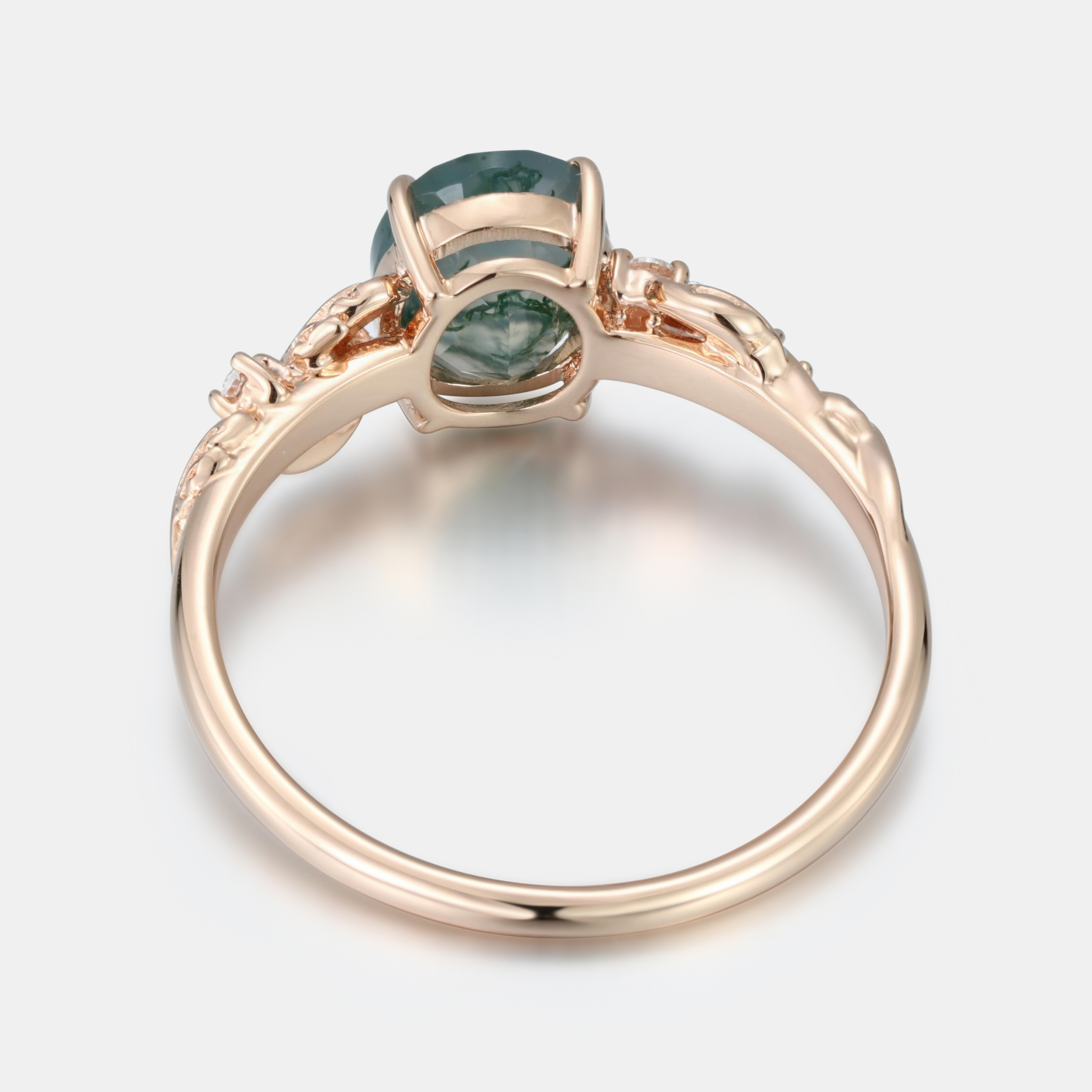 Rose Gold Natural Oval Cut Moss Agate Vine Leaf Ring with Diamond Foliage | Nature Artistic Engagement Ring