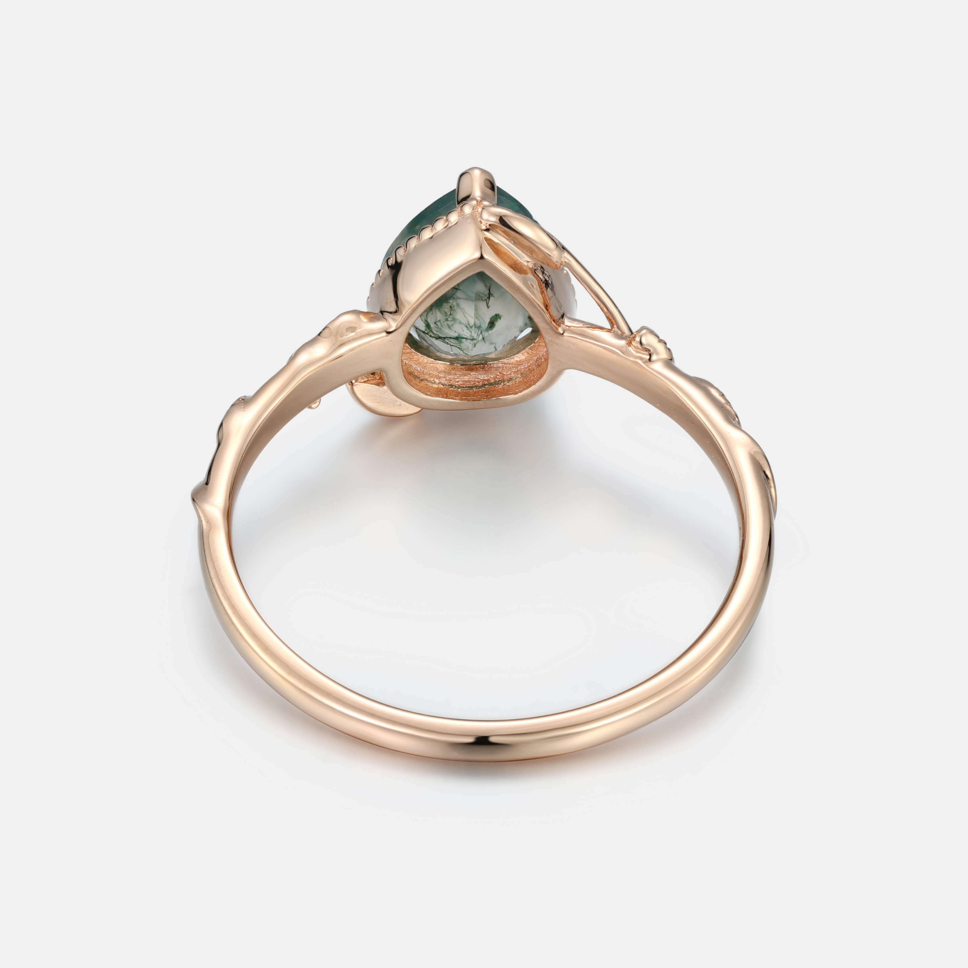 Lucky Gemstone | Pear Cut Moss Agate Engagement Ring | Rose Gold Milgrain Natural Inspired Design Band