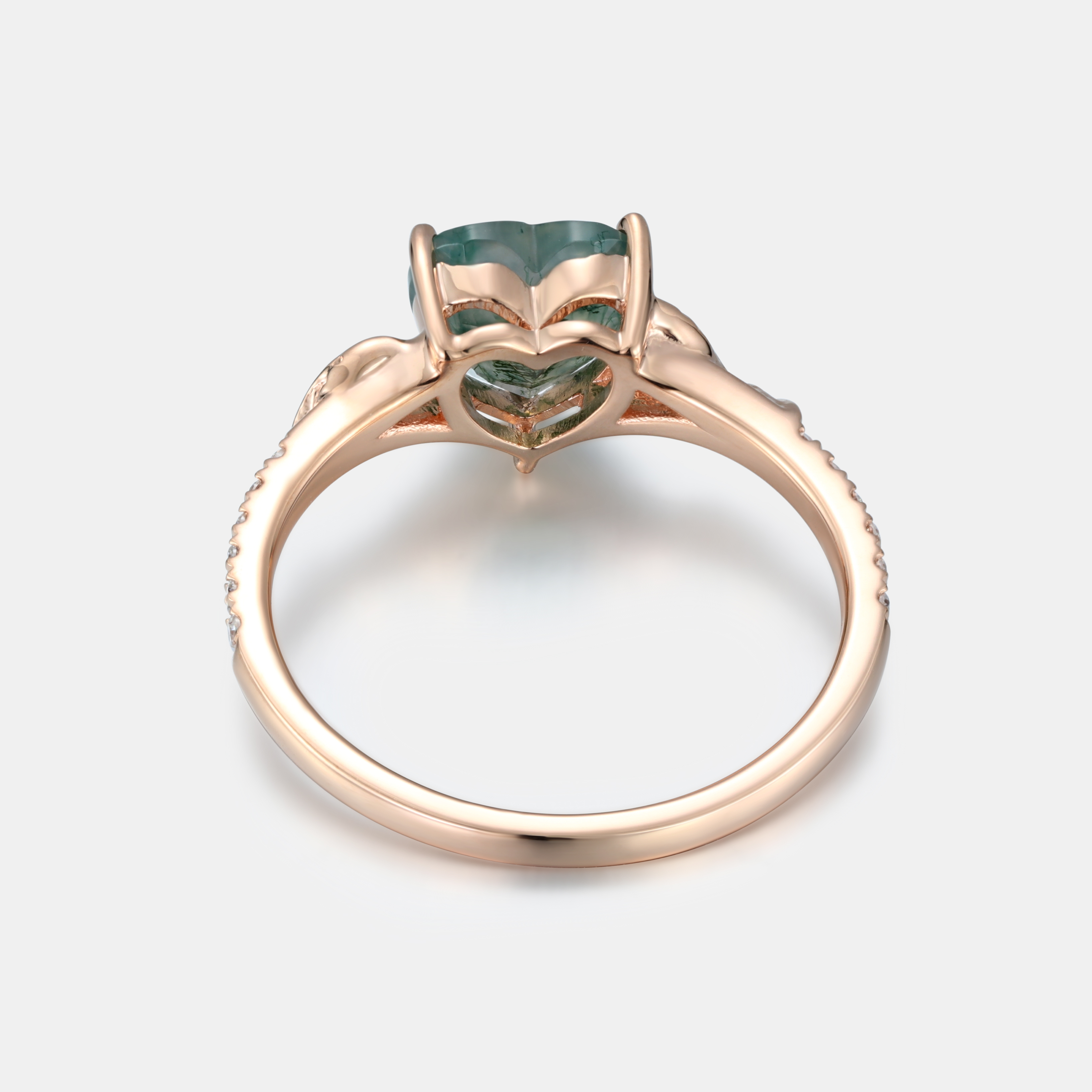 Lucky Gemstone Heart Cut Moss Agate Engagement Ring Intertwined Vine with Leaf Carving & moissanite Accents 