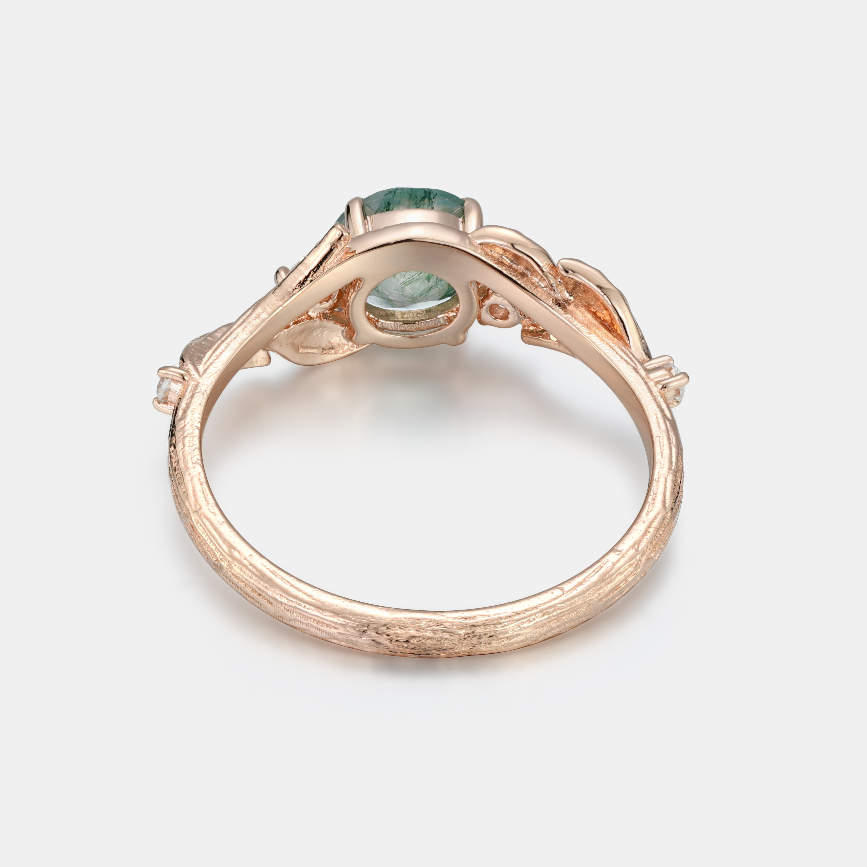 Whispers of The Forest – Round Cut Moss Agate Engagement Ring in Rose Gold with Leaf Vine & Moissanite Accent
