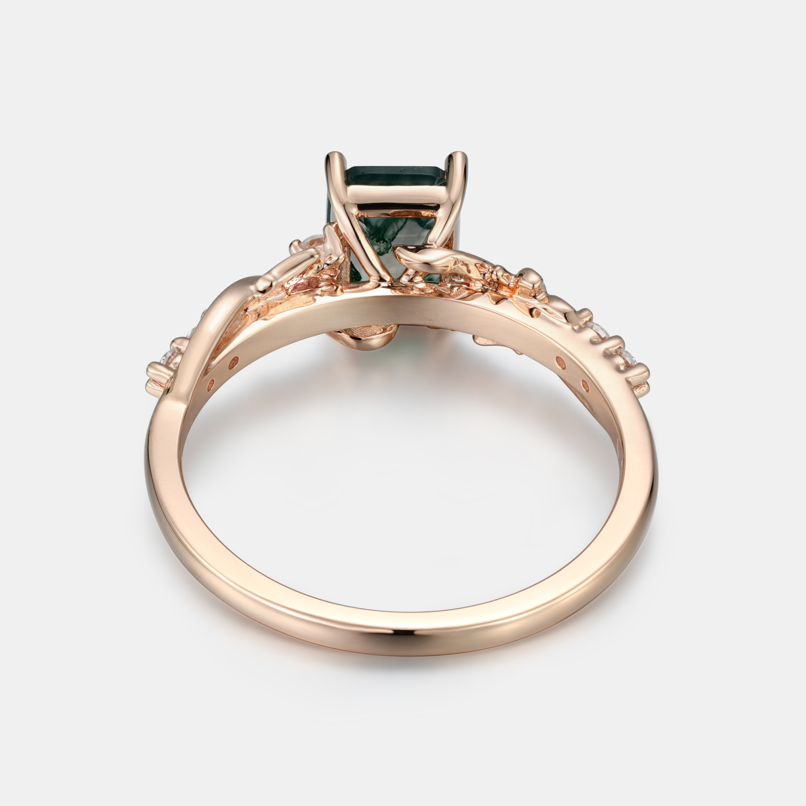 Lucky Gemstone Emerald Cut Moss Agate Engagement Ring in Rose Gold Natural Inspired Design with Moissanite Accent