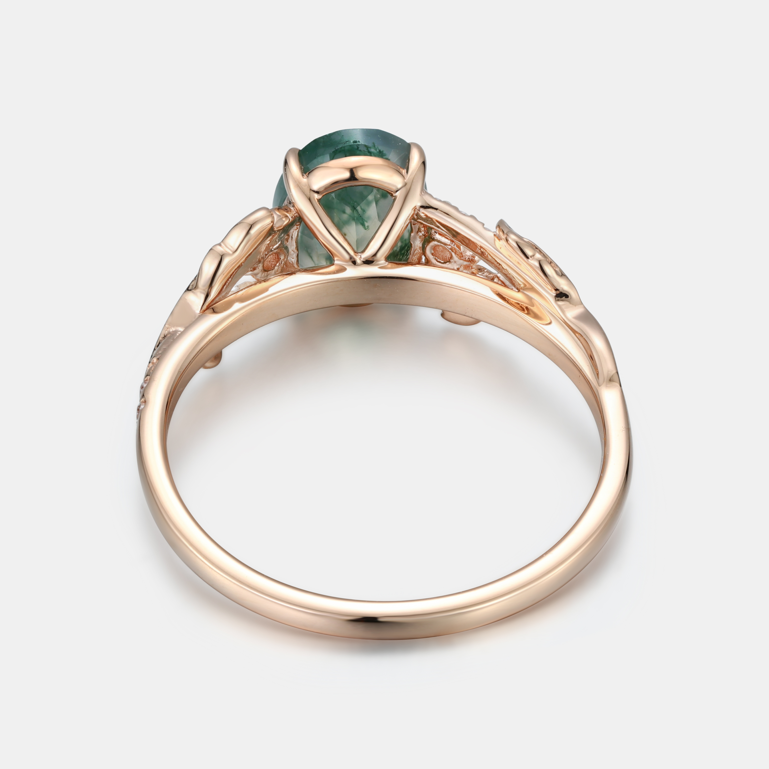 Lucky Gemstone | Oval Cut Moss Agate Engagement Ring | Leaf Vine Floral with Moissanite Accents | Natural Inspired Artistic