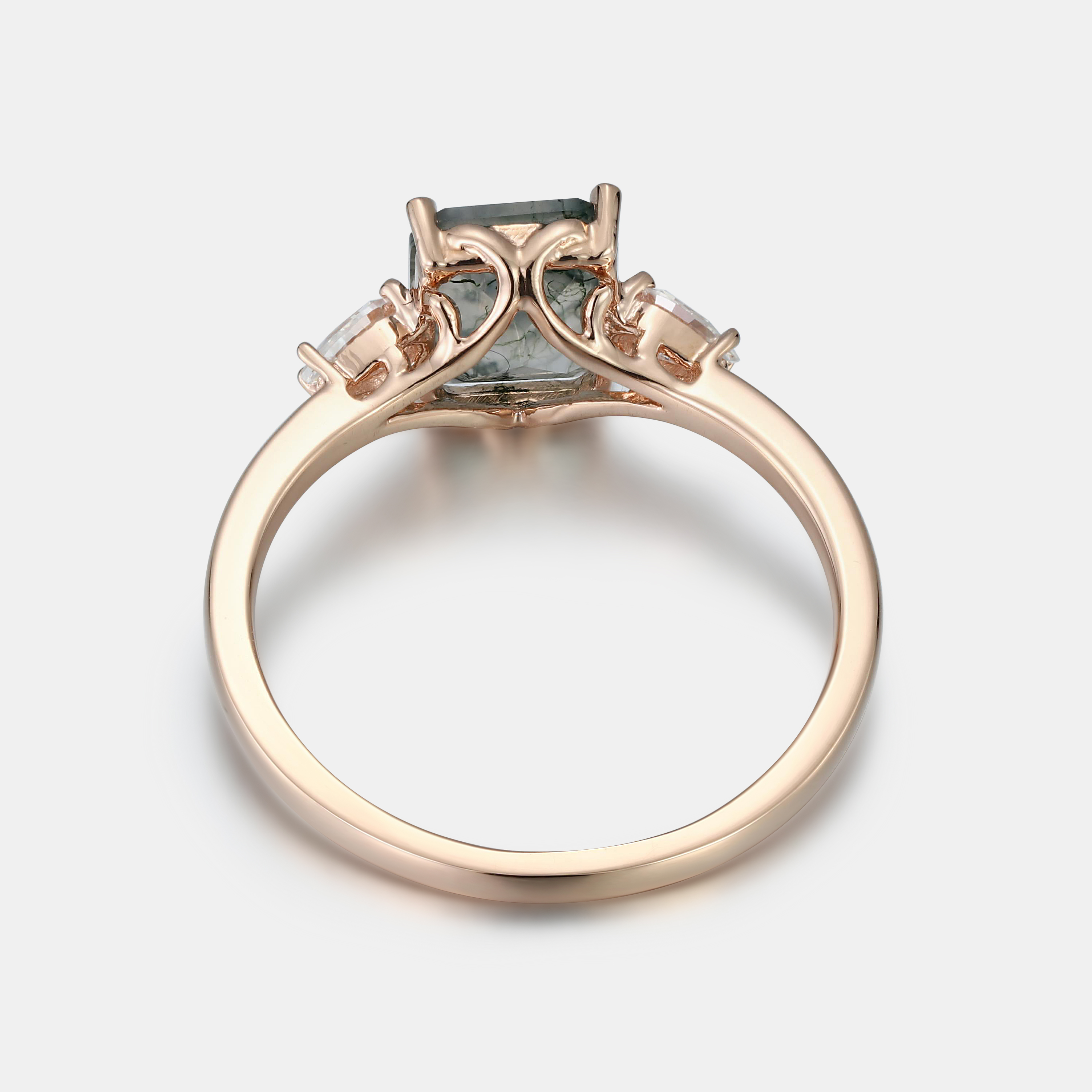 Lucky Rectangular Moss Agate Engagement Ring in Rose Gold | Pear Moissanite Accents with Leaf Vine Shoulders