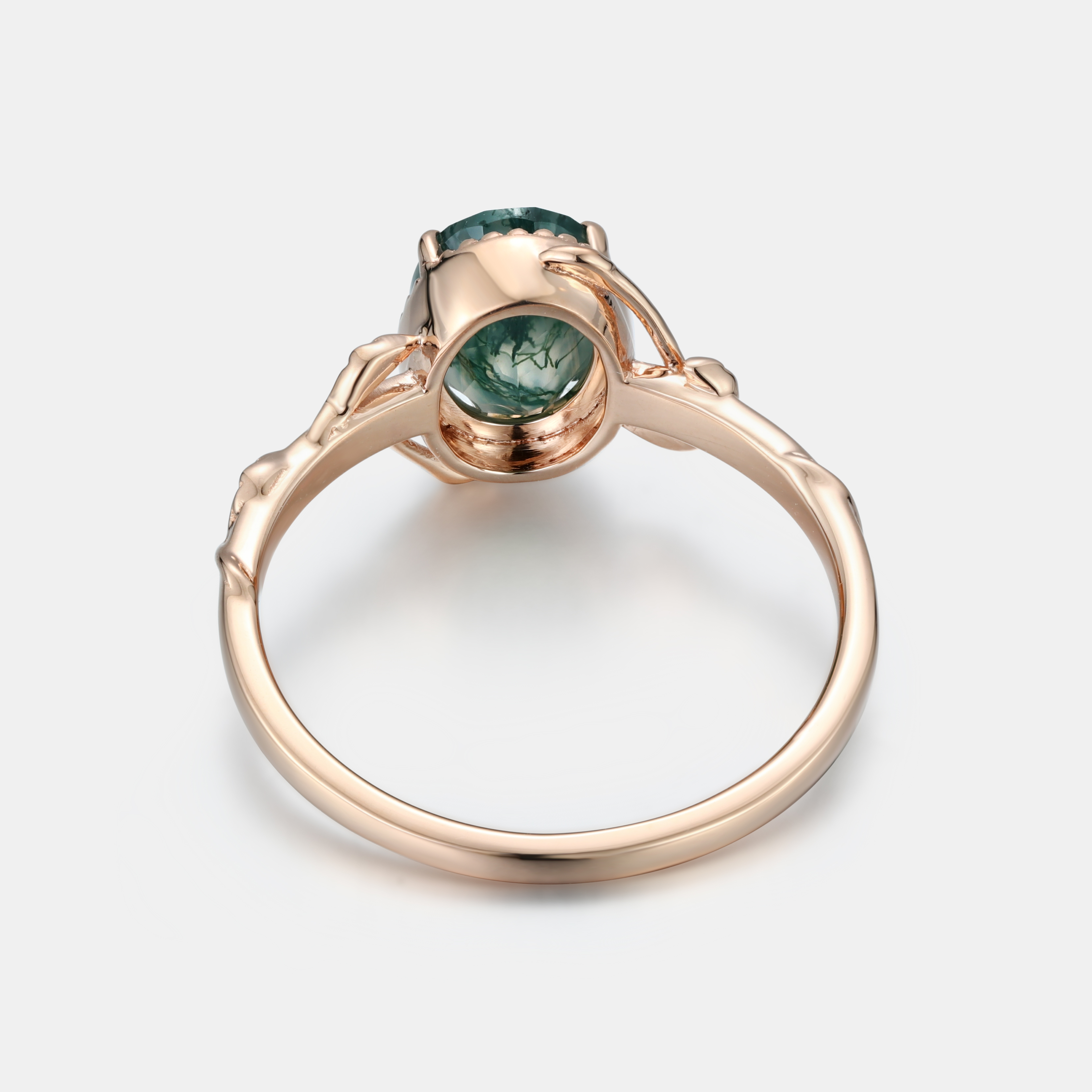 Lucky Gemstone | Oval Cut Moss Agate Engagement Ring in Rose Gold | Milgrain with Leaf Vine Shoulders Band