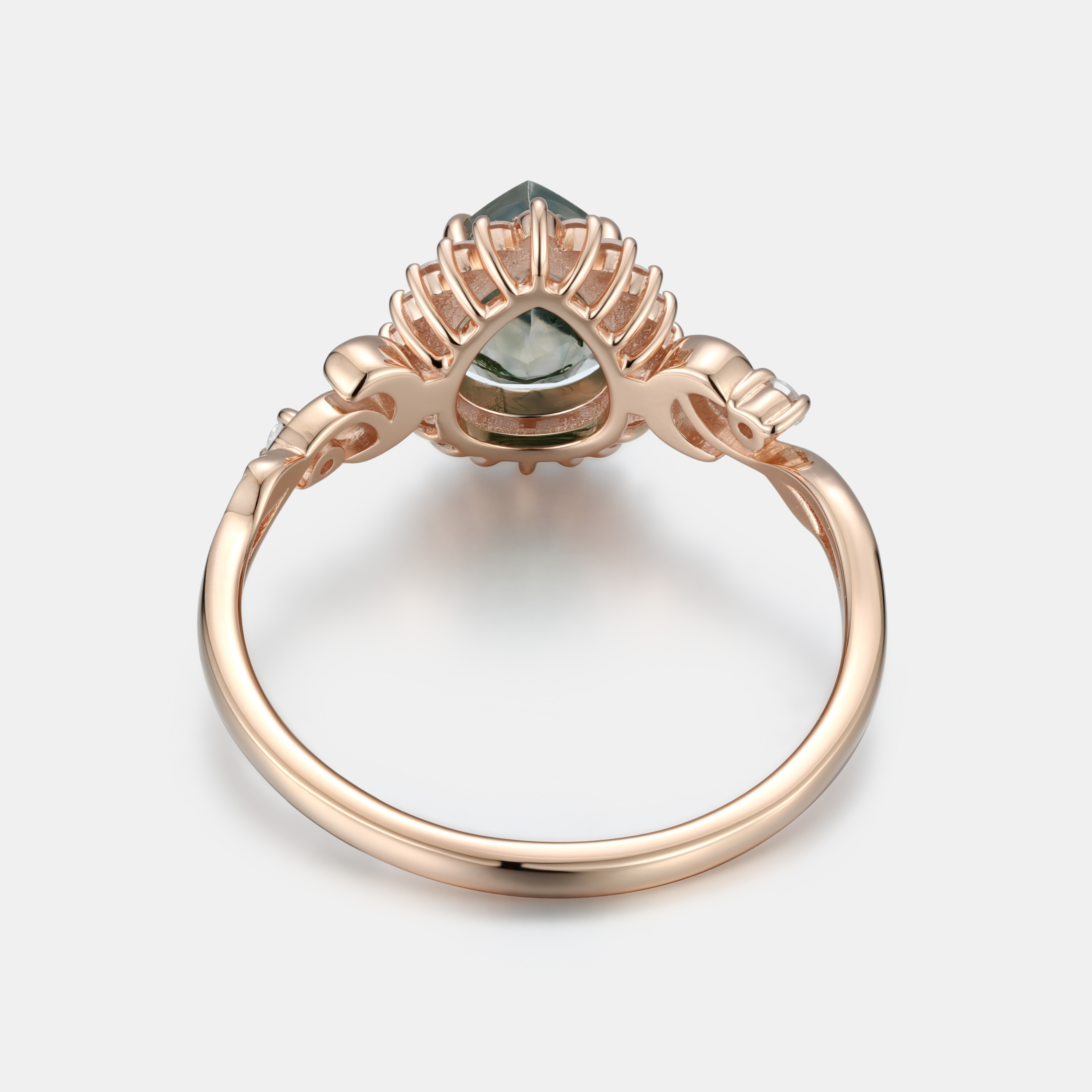 Lucky Gemstone | Pear Cut Moss Agate Engagement Ring in Rose Gold | Moissanite Halo Accent | Moon & Natural Inspired Design Band