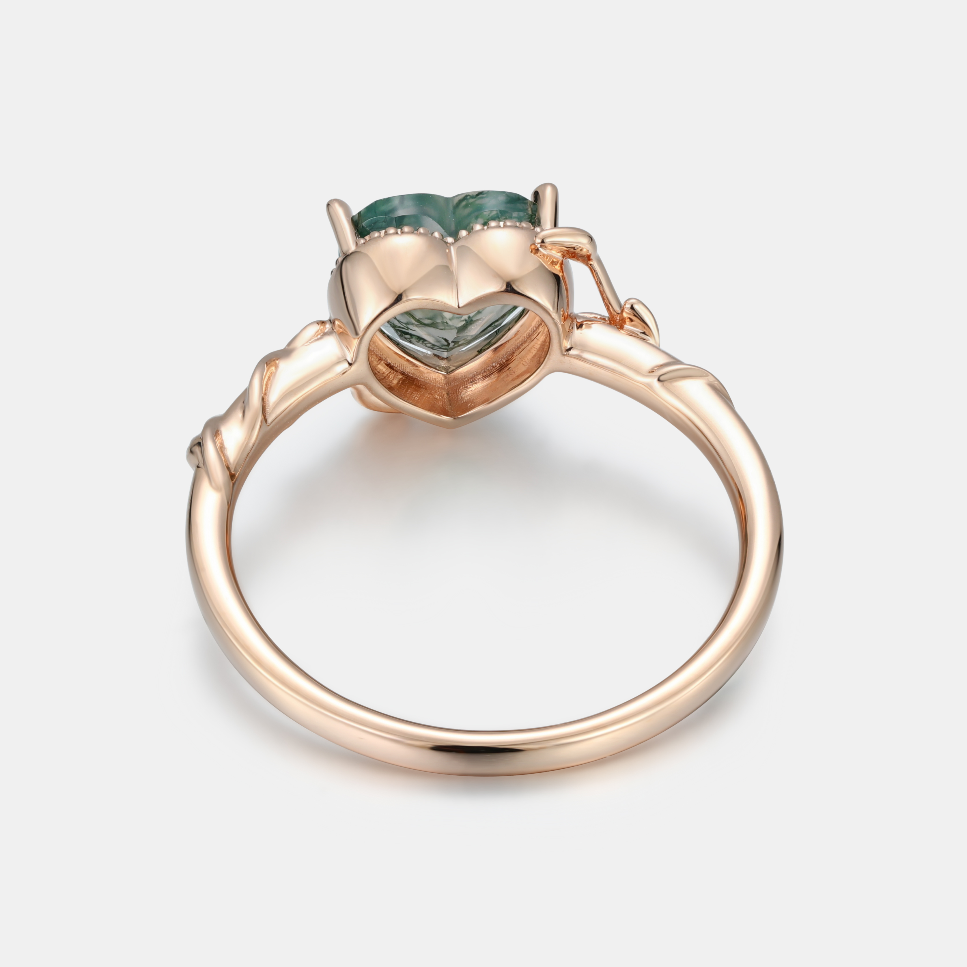 Lucky Gemstone | Heart Cut Moss Agate Engagement Ring in Rose Gold | Milgrain Leaf Vine Botanical Motif Design Band