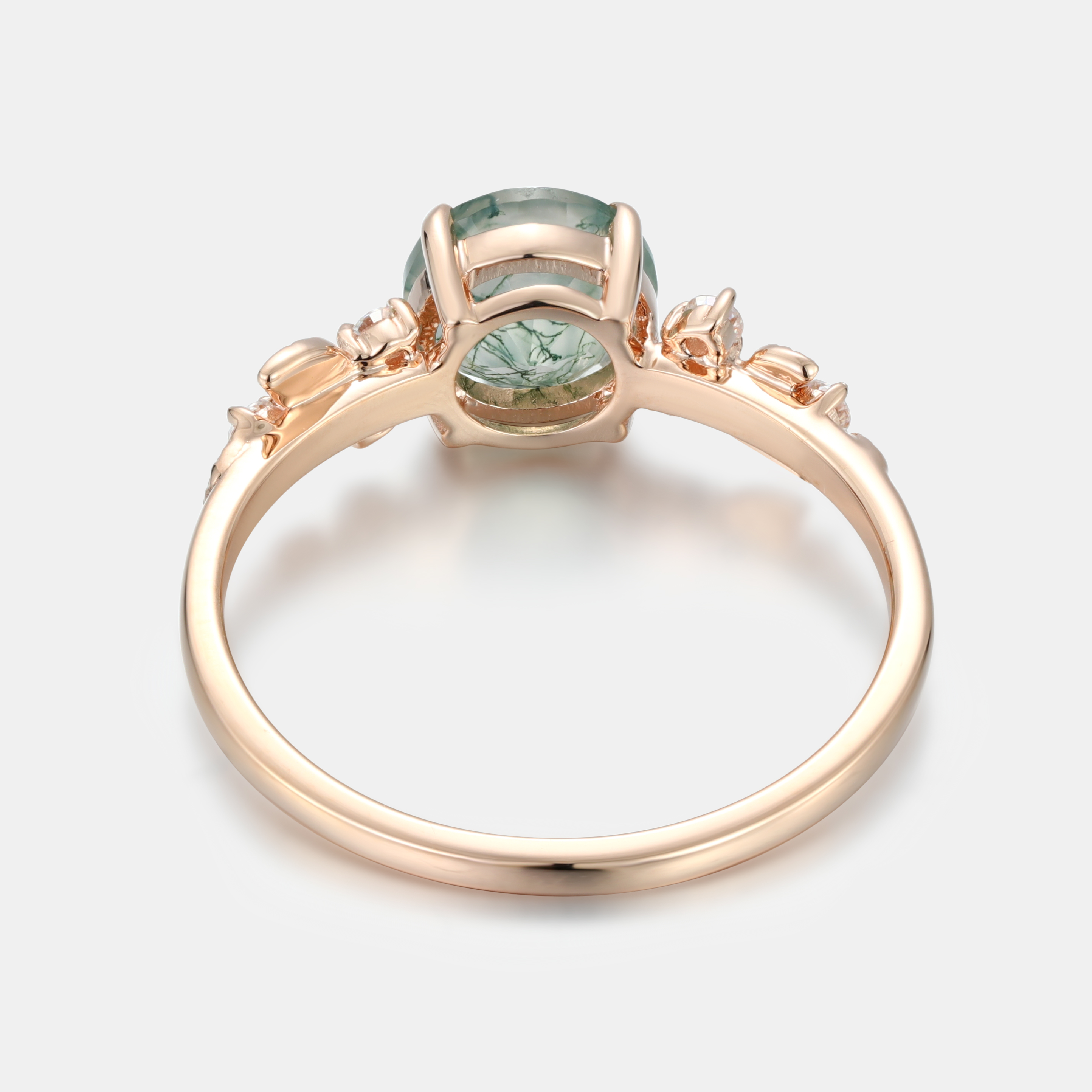 Lucky Gemstones Round Moss Agate Engagement Ring in Rose Gold | Leaf Vine Botanical Design with Moissanite Accents