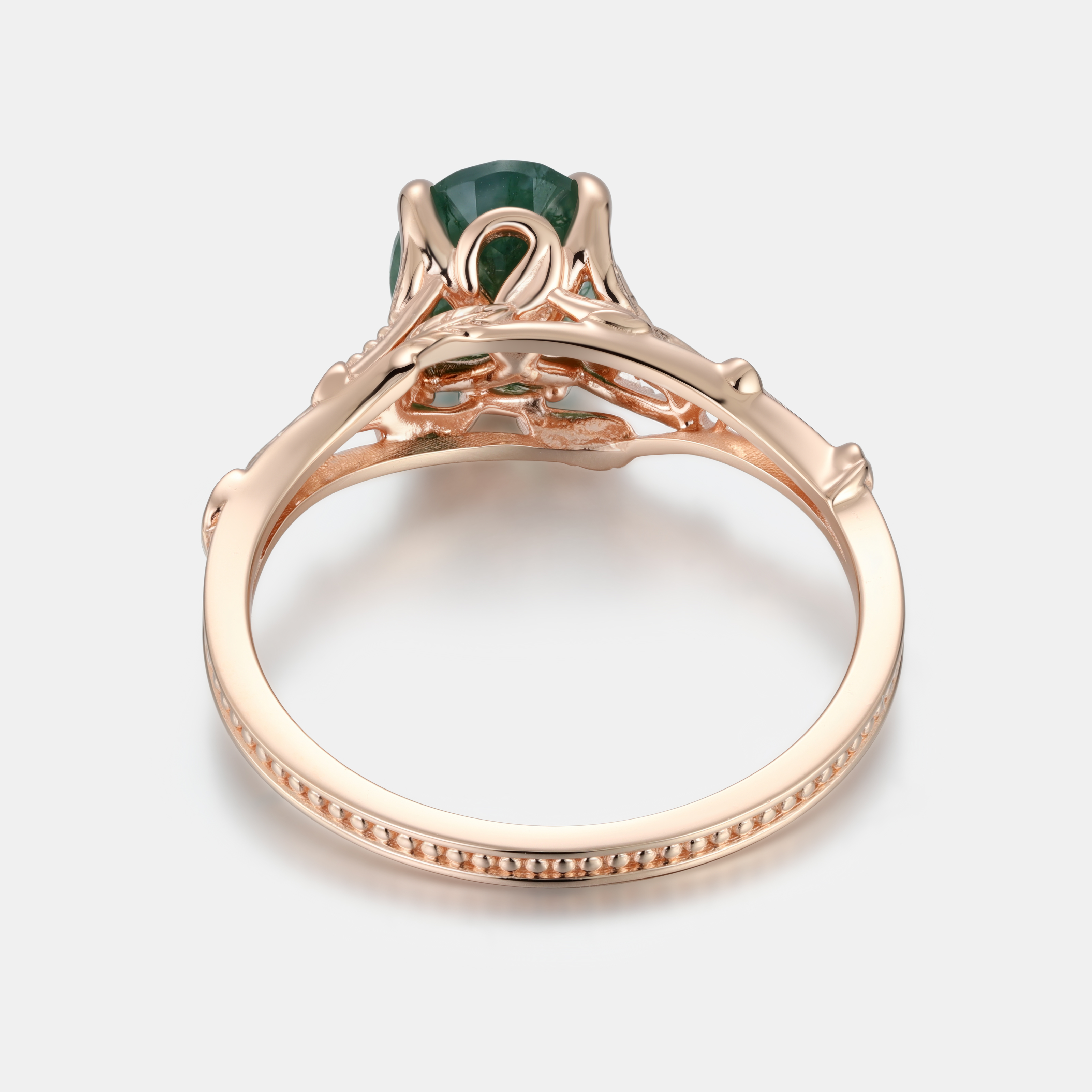 Lucky Gemstones Oval Cut Moss Agate Engagement Ring Delicate Rose Gold Natural Inspired Design Band