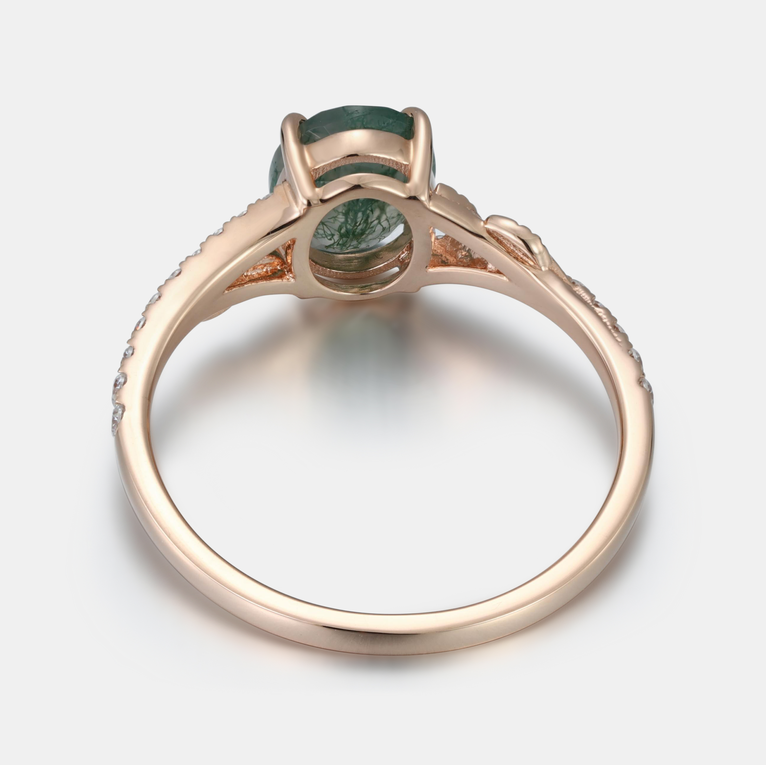 Rose Gold Natural Oval Cut Moss Agate Vine Diamond Ring with Leaf Carving & Pavé Half Band | Nature Artistic Engagement Ring