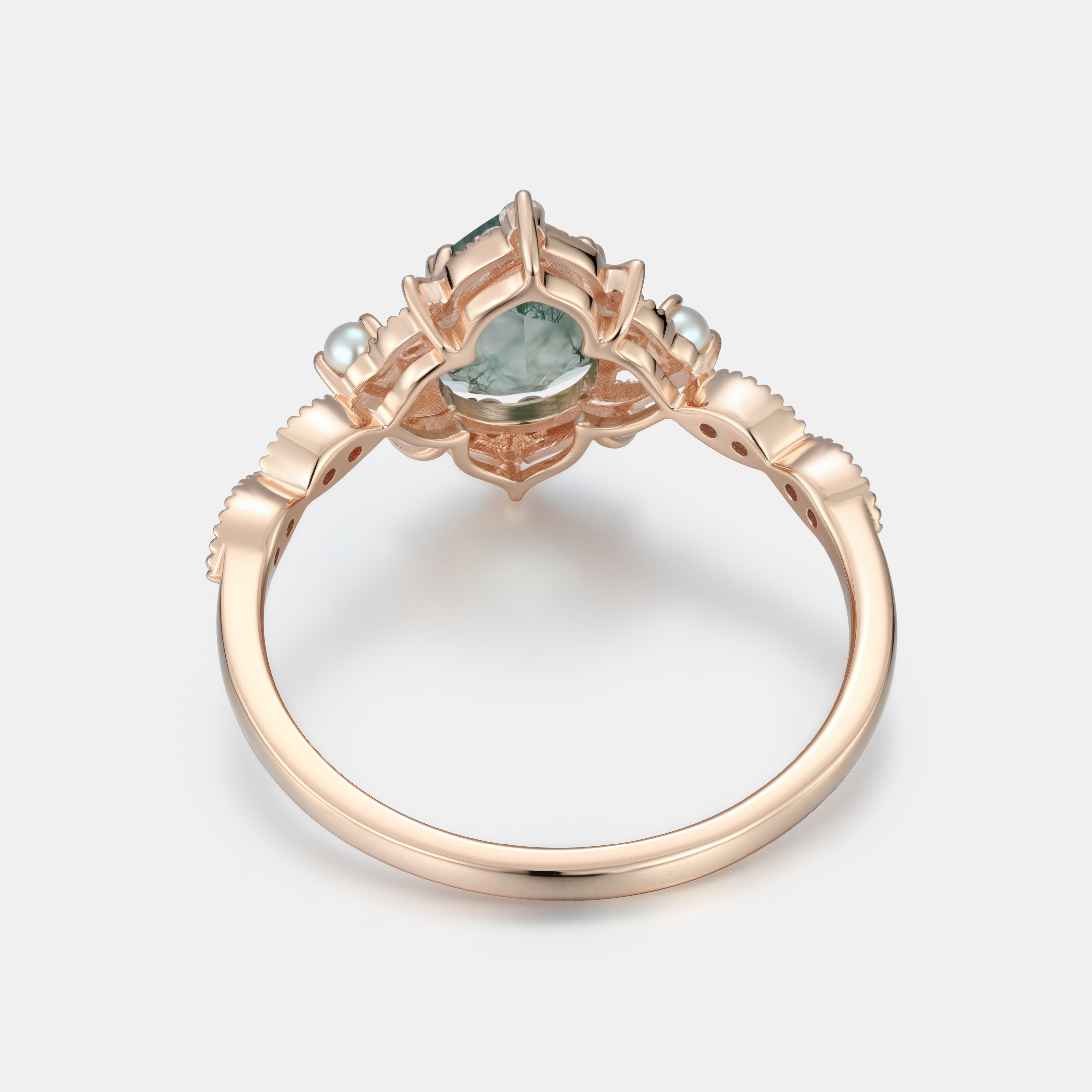 Lucky Gemstones | Pear Moss Agate Engagement Ring in Rose Gold | Delicate Natural Inspired Design with Pearl Moissanite Accent