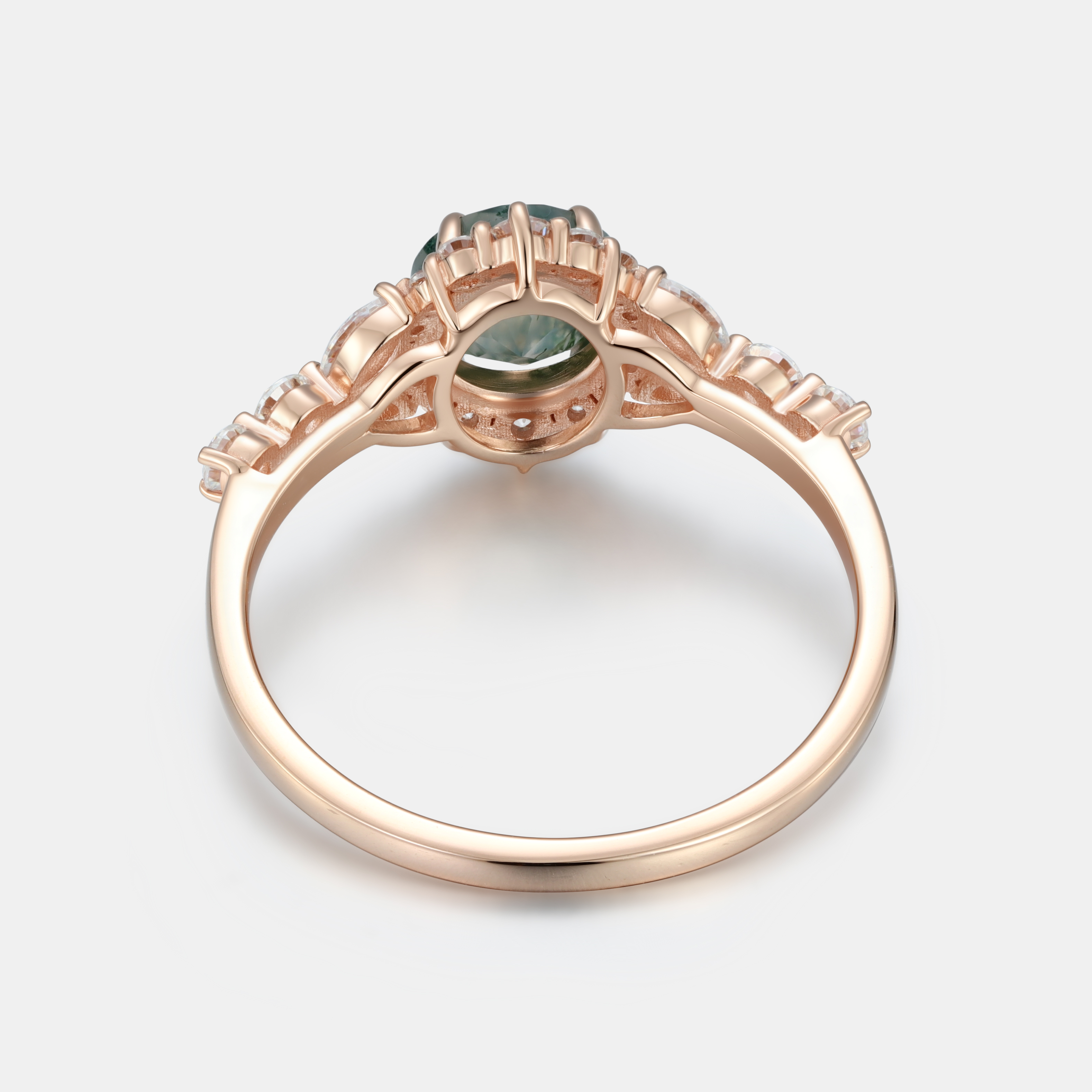 Lucky Gemstones | Round Moss Agate Engagement Ring with Moissanite Halo | Rose Gold Natural Inspired Artistic with Moissanite Accent