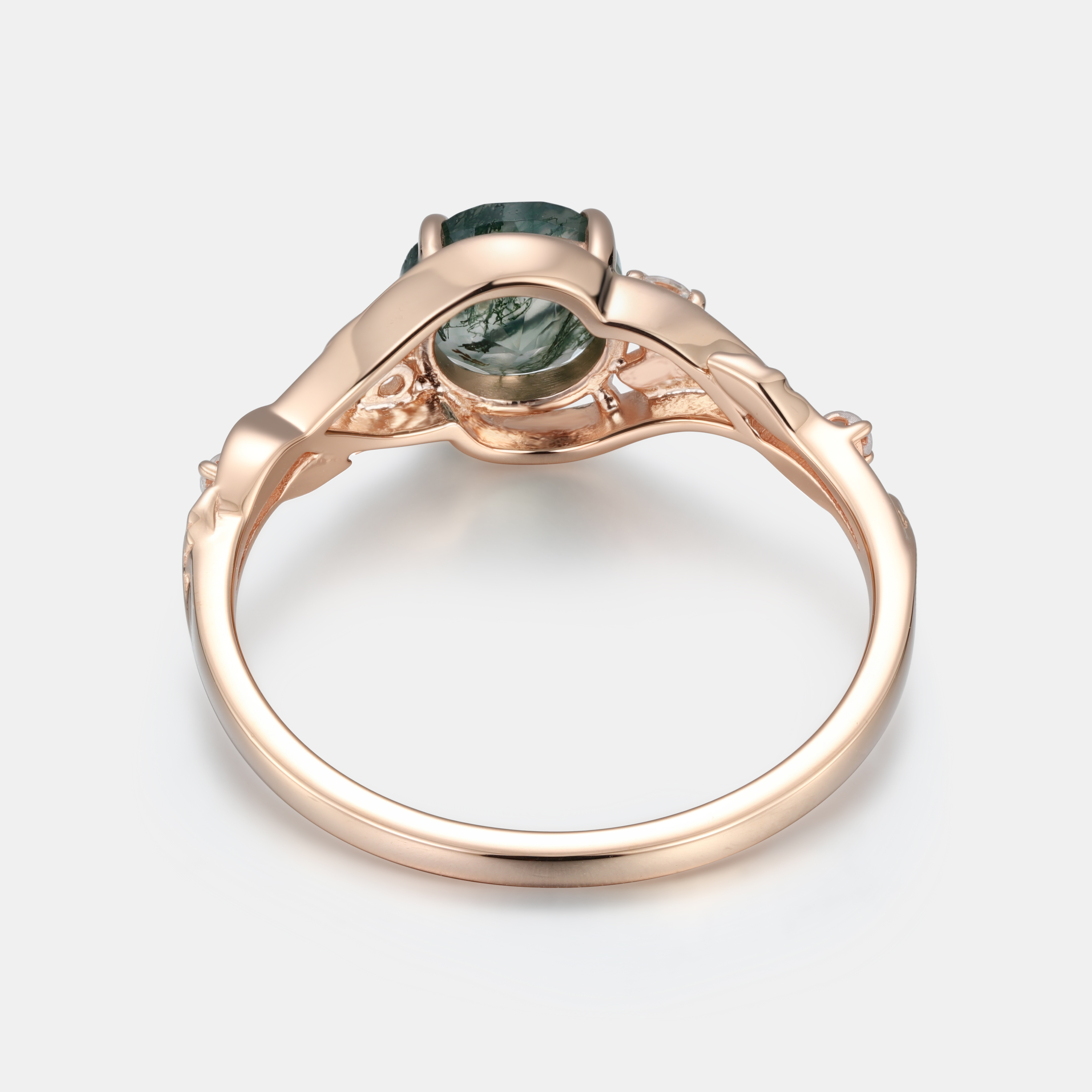 Lucky Gemstones | Rose Gold Round Moss Agate Enagagement Ring | Leaf Vine with Moissanite Accent | Nature Artistic