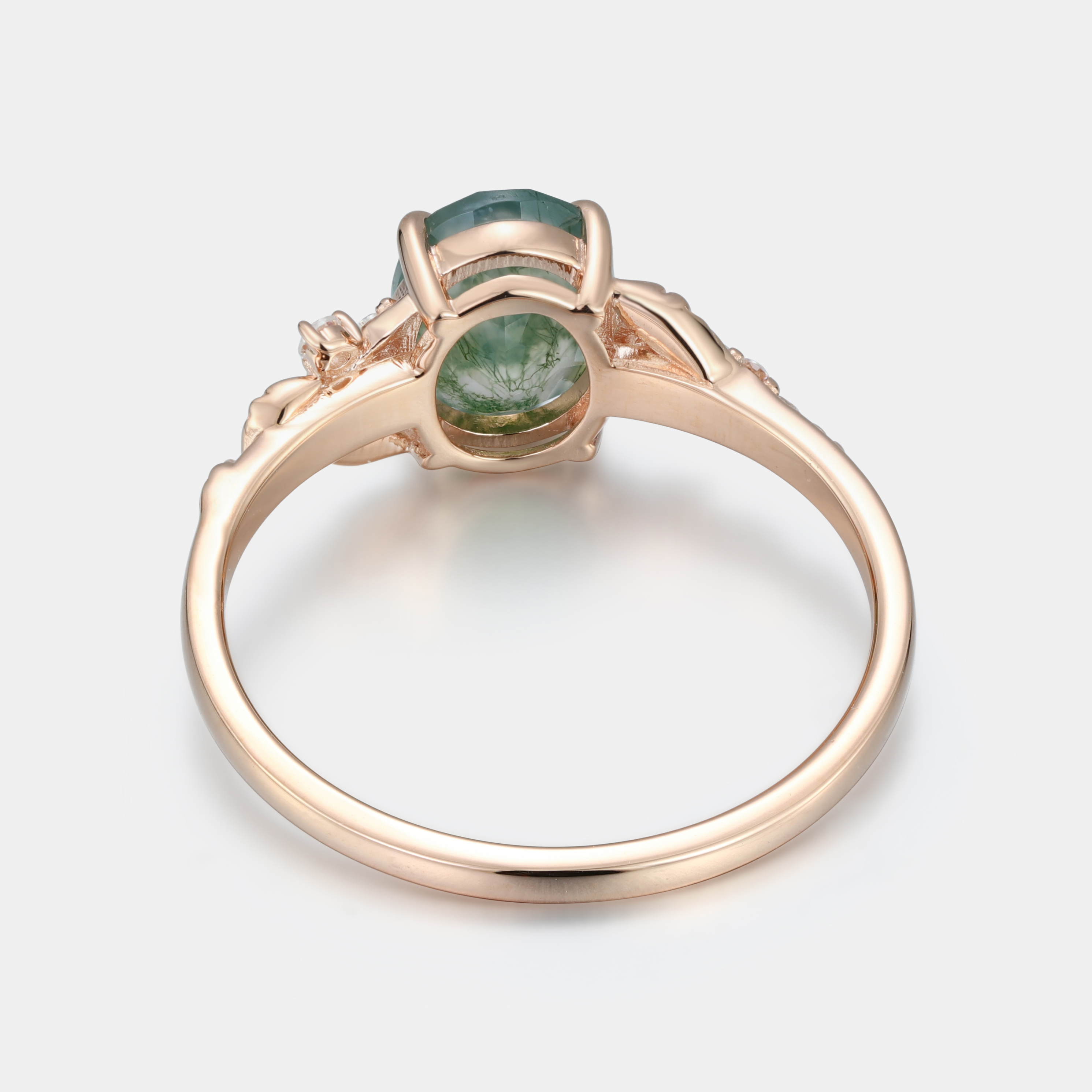 Lucky Gemstones | Oval Cut Moss Agate Enagagement Ring in Rose Gold | Delicate Moissanite Cluster Leaf Vine Design