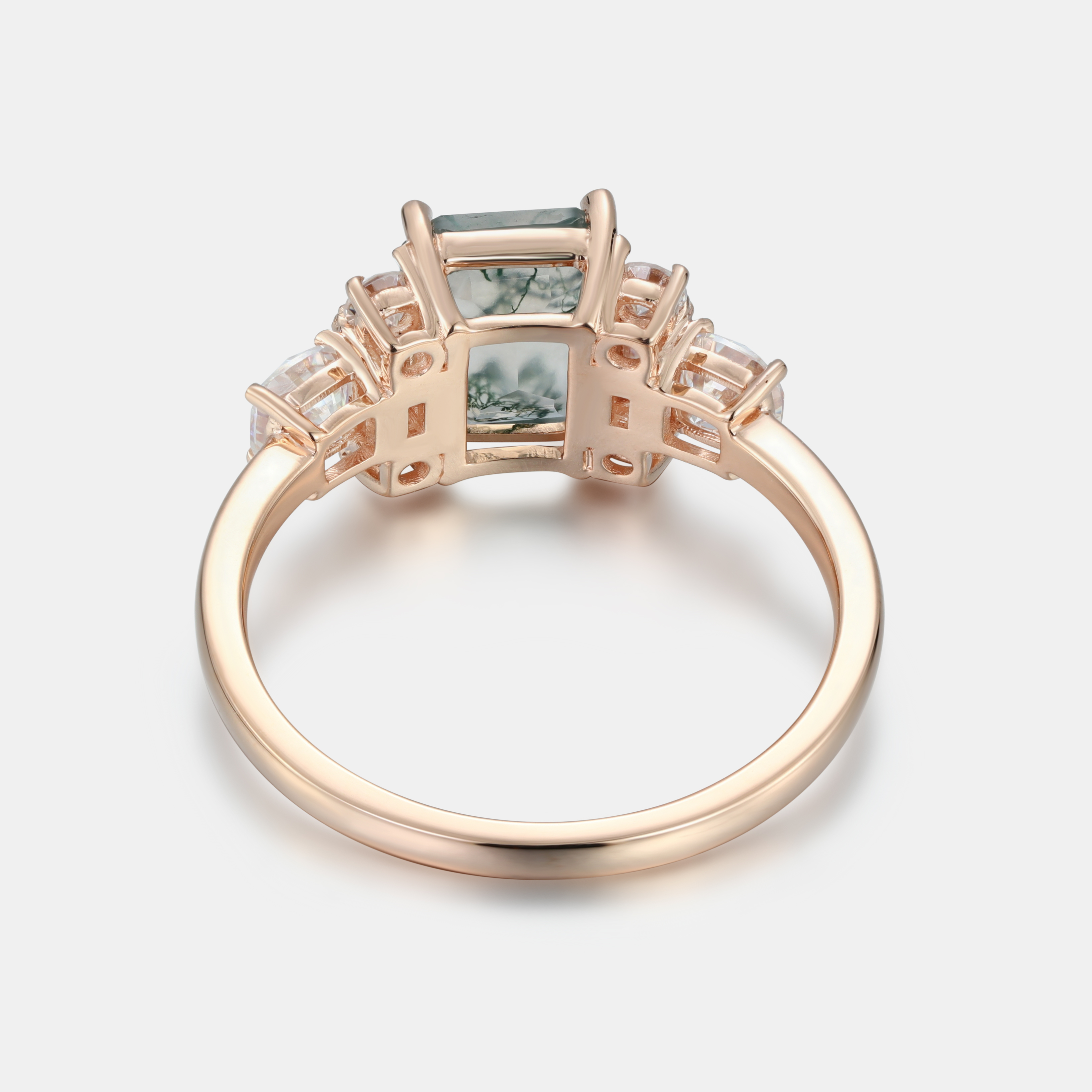 Lucky Gemstones | Emerald Cut Moss Agate Engagement Ring | Delicate Rose Gold Moissanite Cluster Band