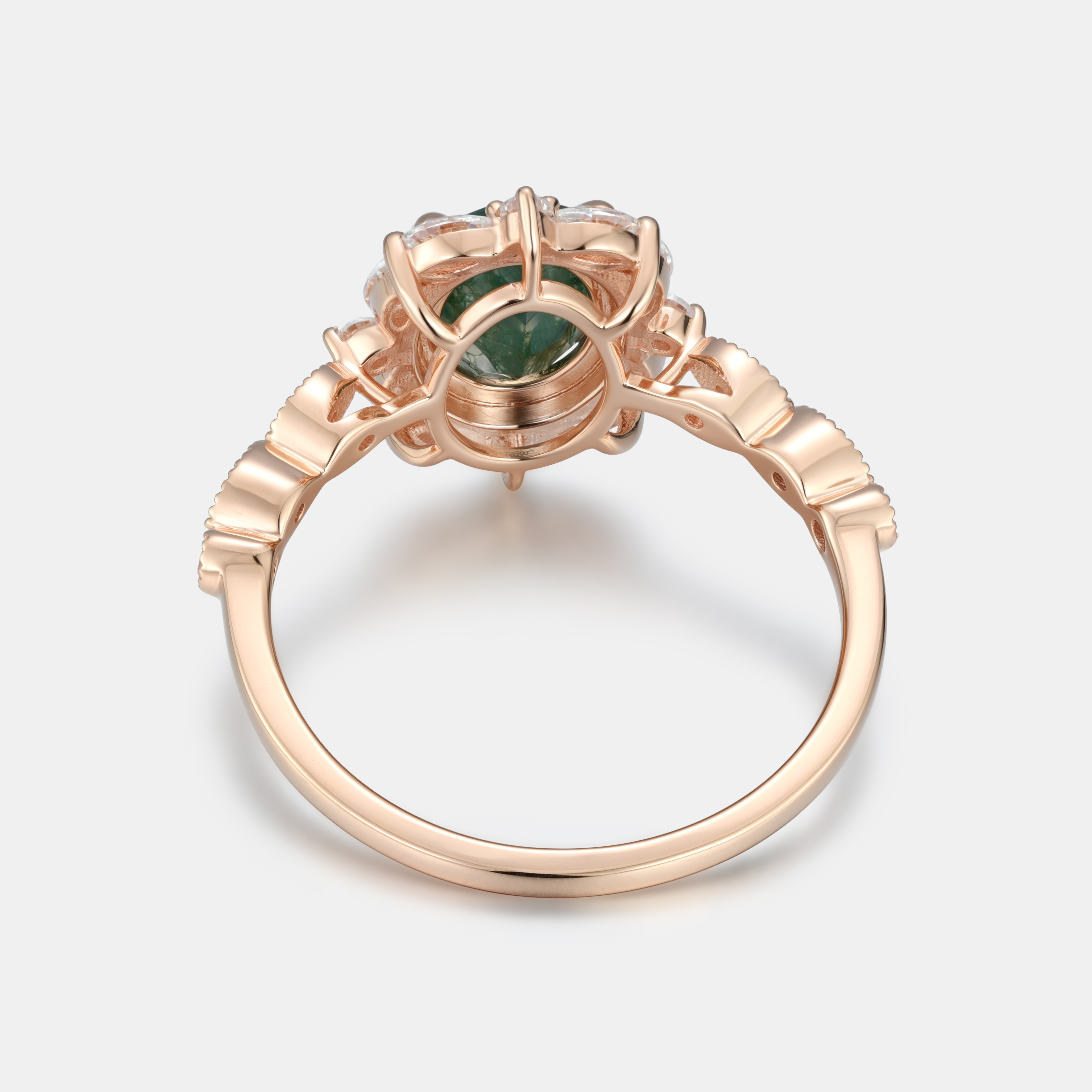 Lucky Gemstones | Oval Moss Agate Engagement Ring with Moissanite Halo | Rose Gold Leaf Vine Weave Band Moissanite Accent