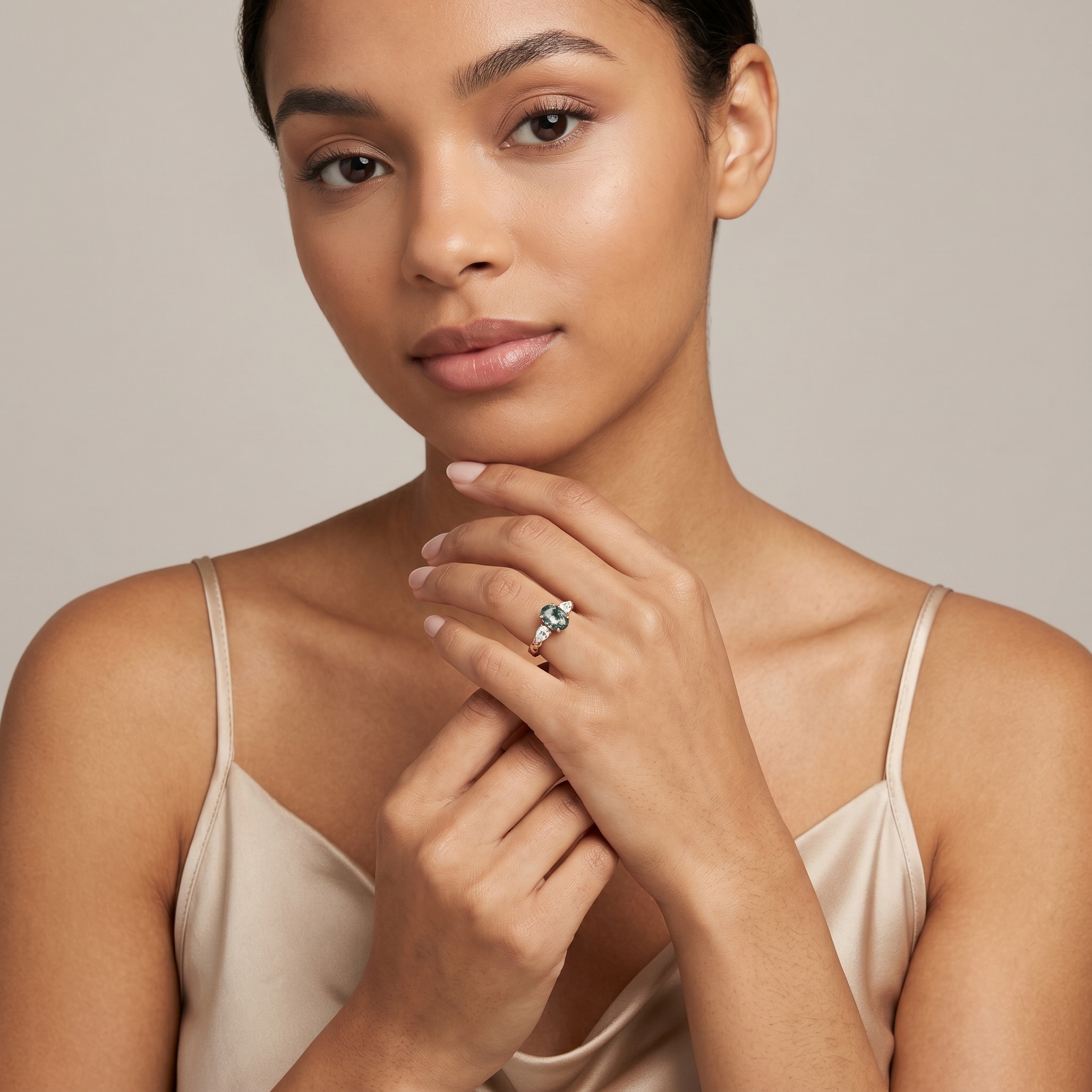 Rose Gold Natural Oval Cut Moss Agate Three-Stone Ring with Pear moissanite & Leaf Carving | Nature Elegant Engagement Ring