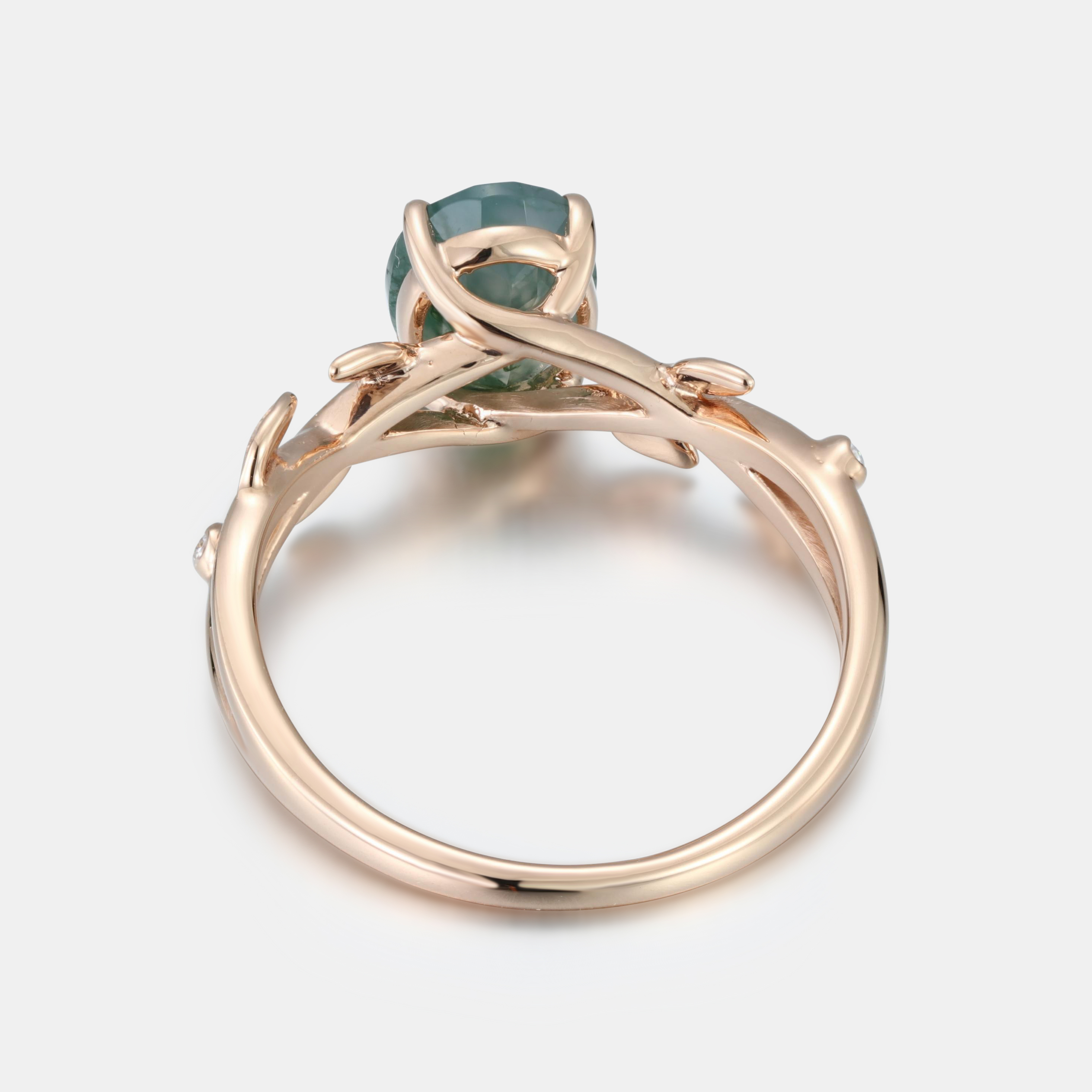 Rose Gold Natural Oval Cut Moss Agate Intertwined Vine Ring with Leaf Carving | Nature Artistic Engagement Ring