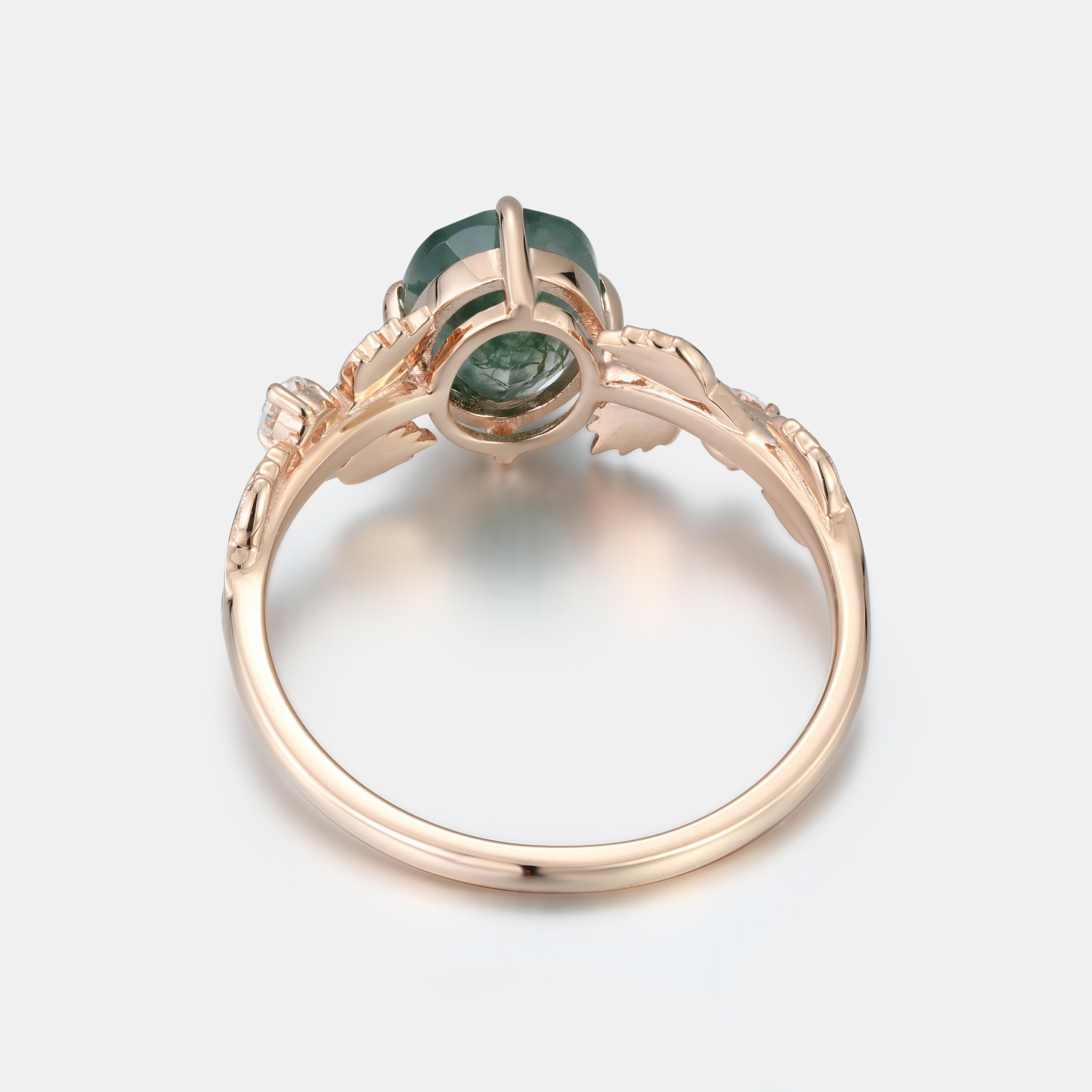 Oval Cut Moss Agate Rose Gold Leaf Ring with Symmetrical Carved Leaves | Unique Forest Boho Engagement Ring