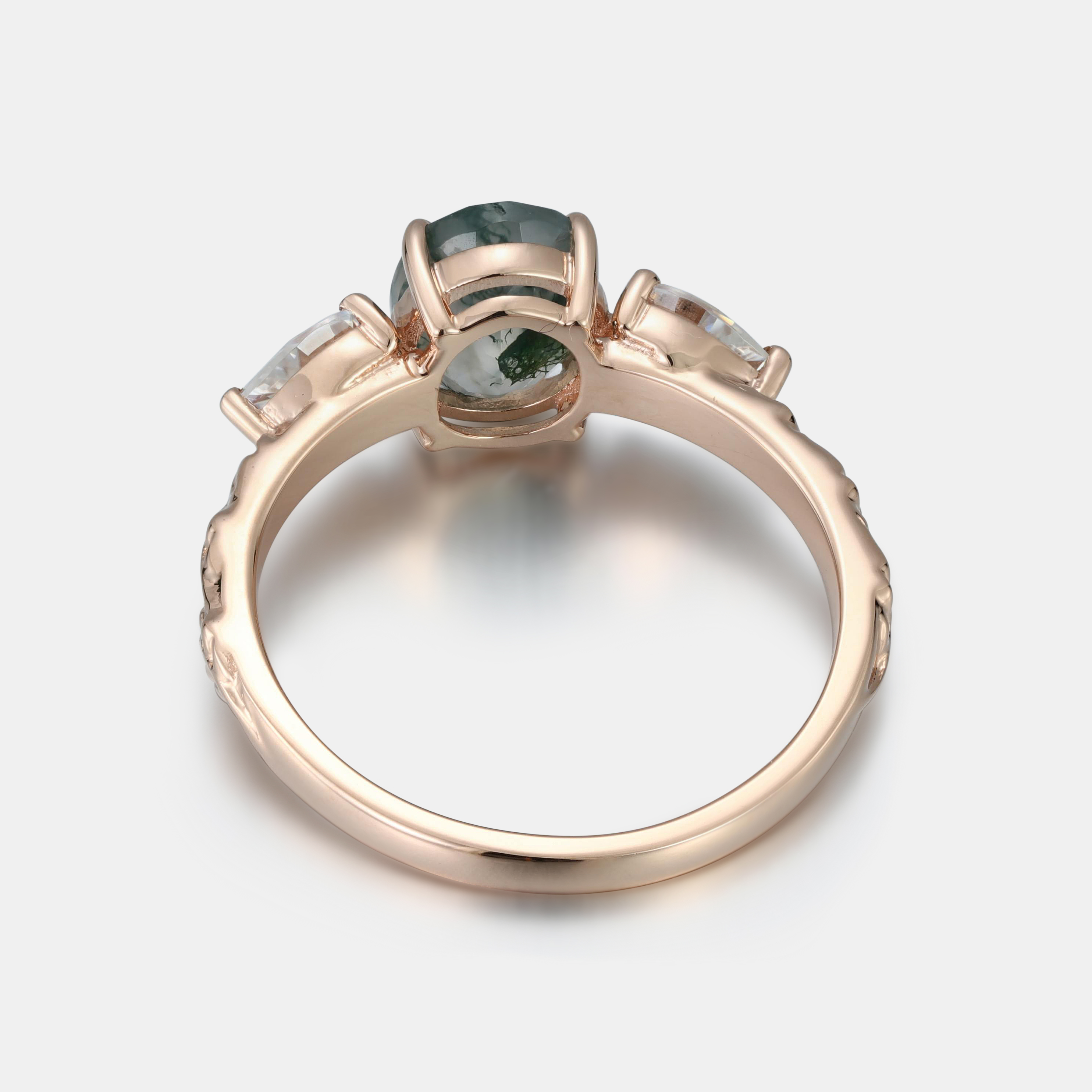 Rose Gold Natural Oval Cut Moss Agate Three-Stone Ring with Pear Diamonds & Leaf Carving | Nature Elegant Engagement Ring