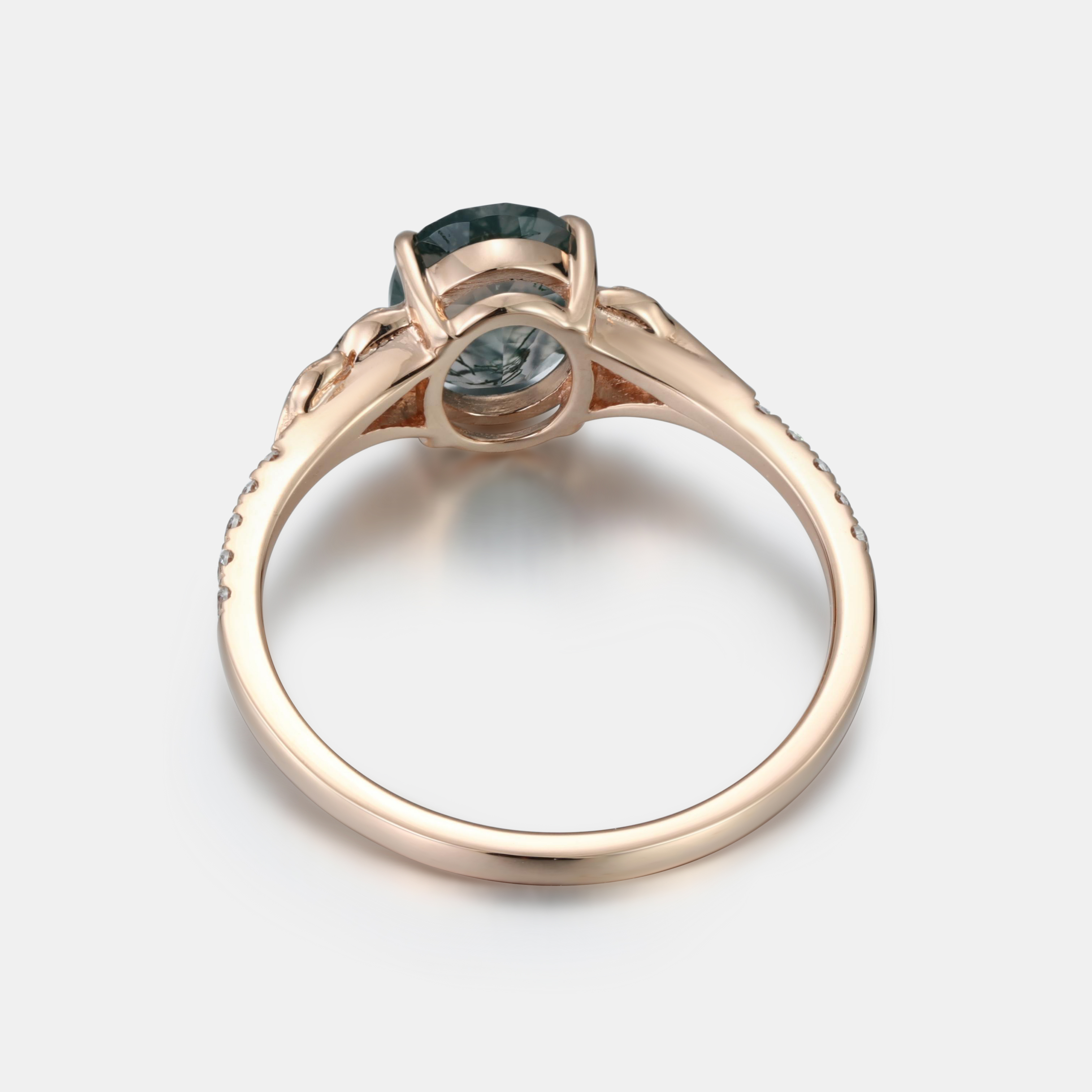Rose Gold Natural Oval Cut Moss Agate Vine Diamond Half-Pavé Ring with Leaf Carving | Nature Artistic Engagement Ring