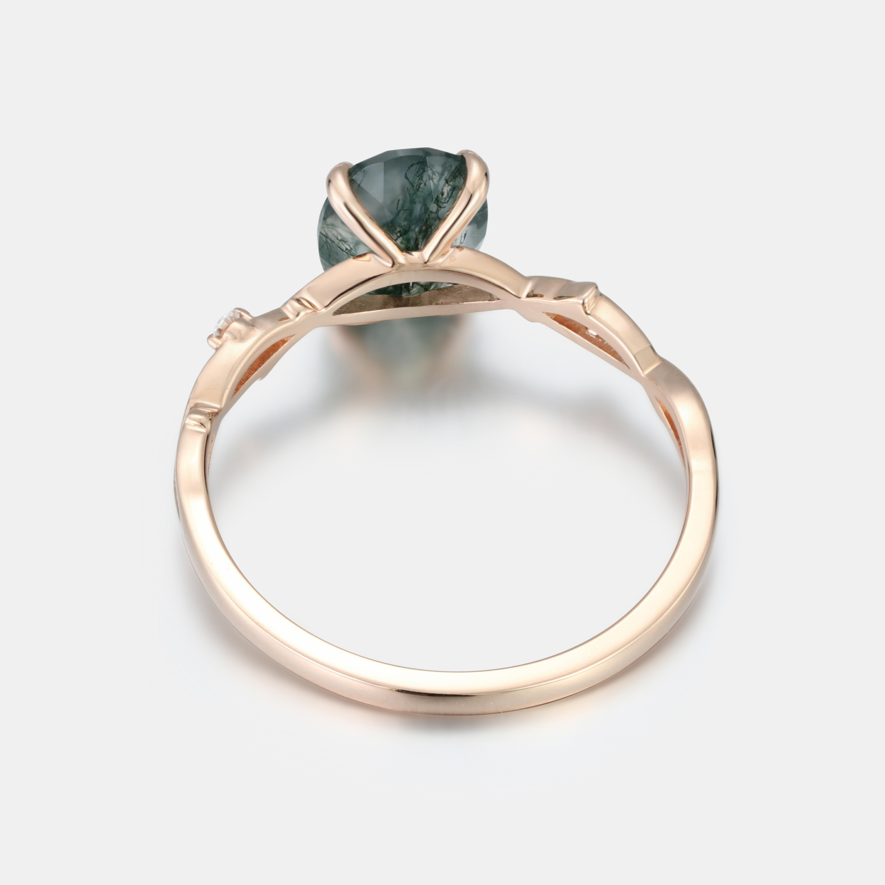 Rose Gold Natural Oval Cut Moss Agate Intertwined Vine Ring with Leaf Carving | Nature Artistic Engagement Ring
