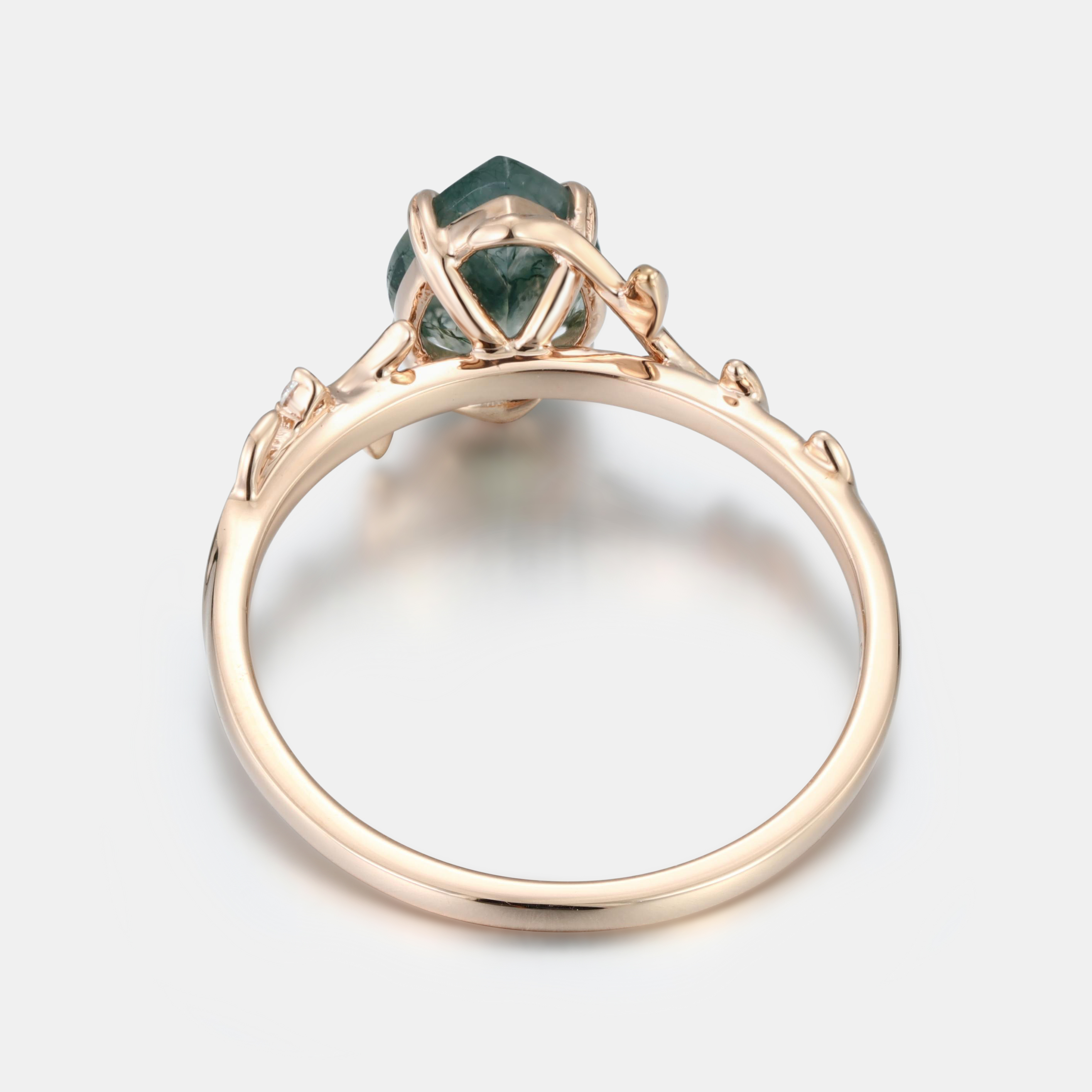 Rose Gold Natural Pear Cut Moss Agate Intertwined Vine Ring with Leaf Carving | Artistic Luxe Engagement Ring