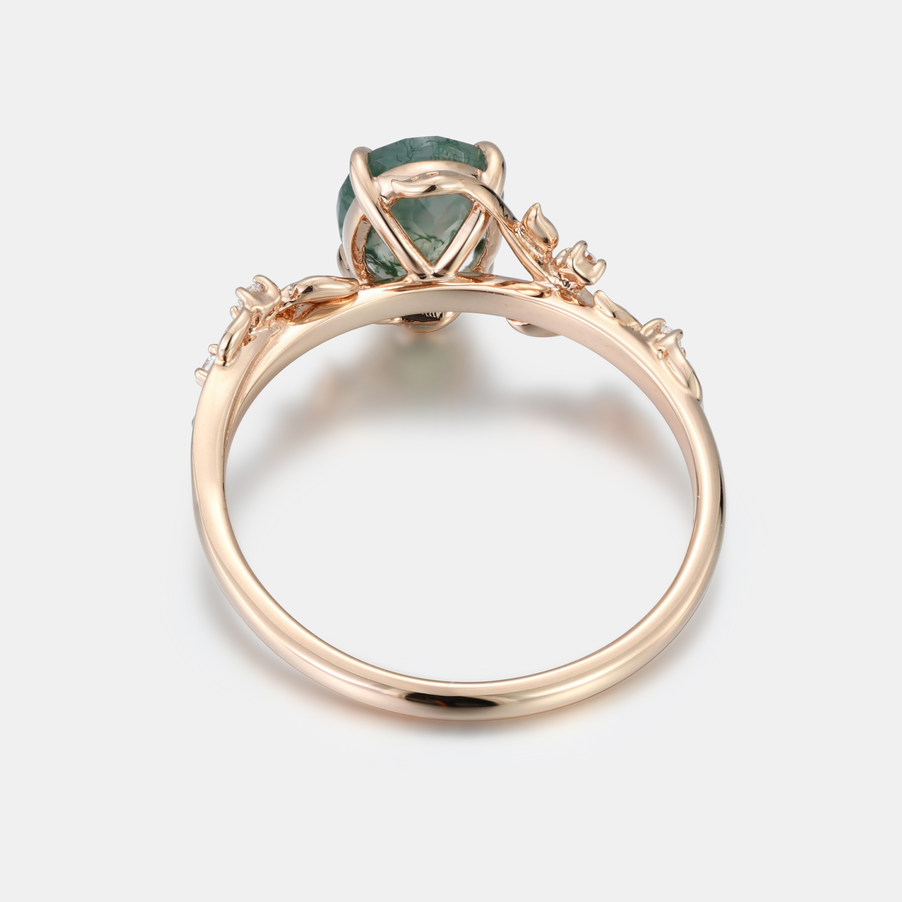 Rose Gold Natural Oval Cut Moss Agate Intertwined Vine Ring with Leaf Carving & moissanite Accents | Nature Artistic Engagement Ring