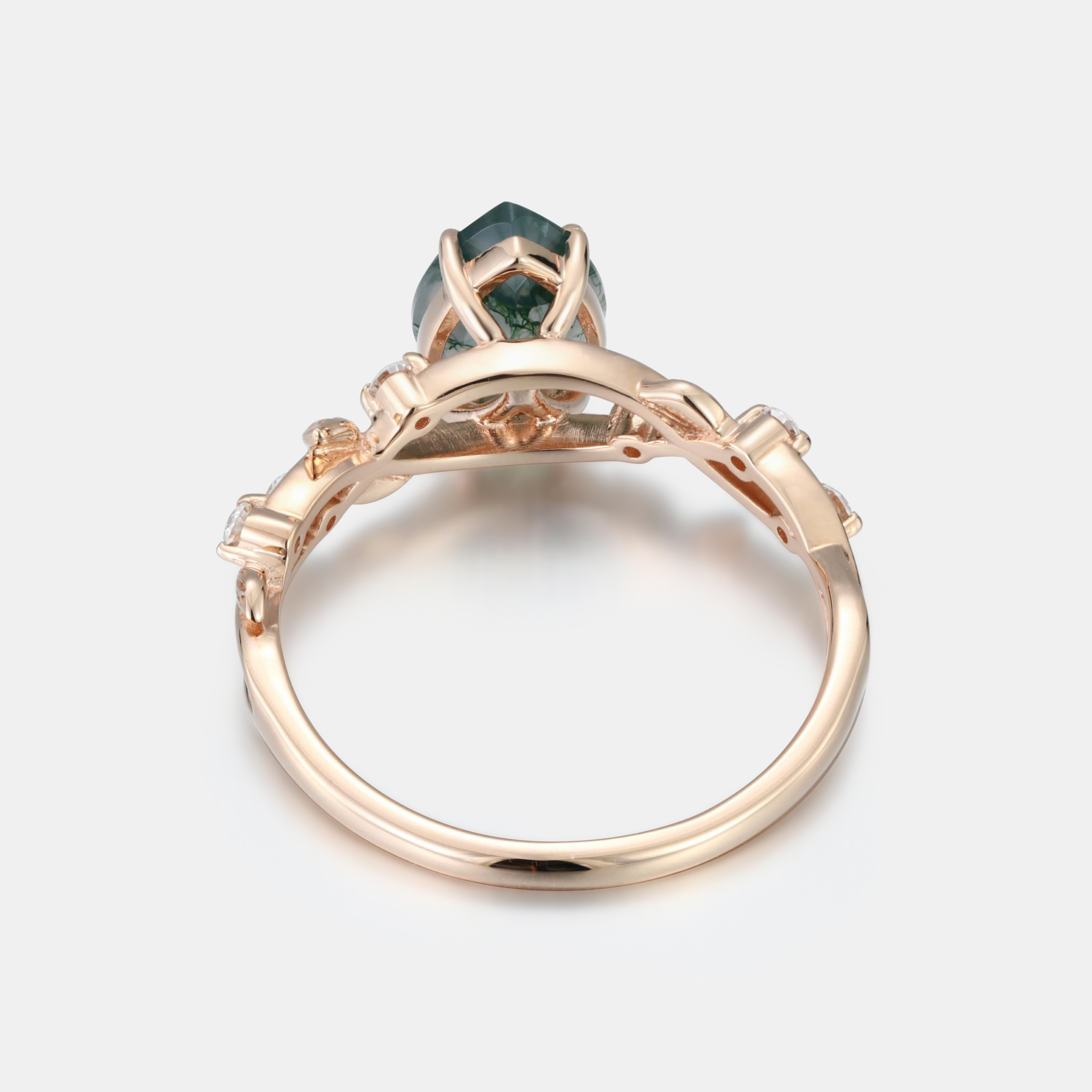 Nature-Inspired Pear Moss Agate Engagement Ring in 14K Rose Gold with Leaf Vine & Diamonds