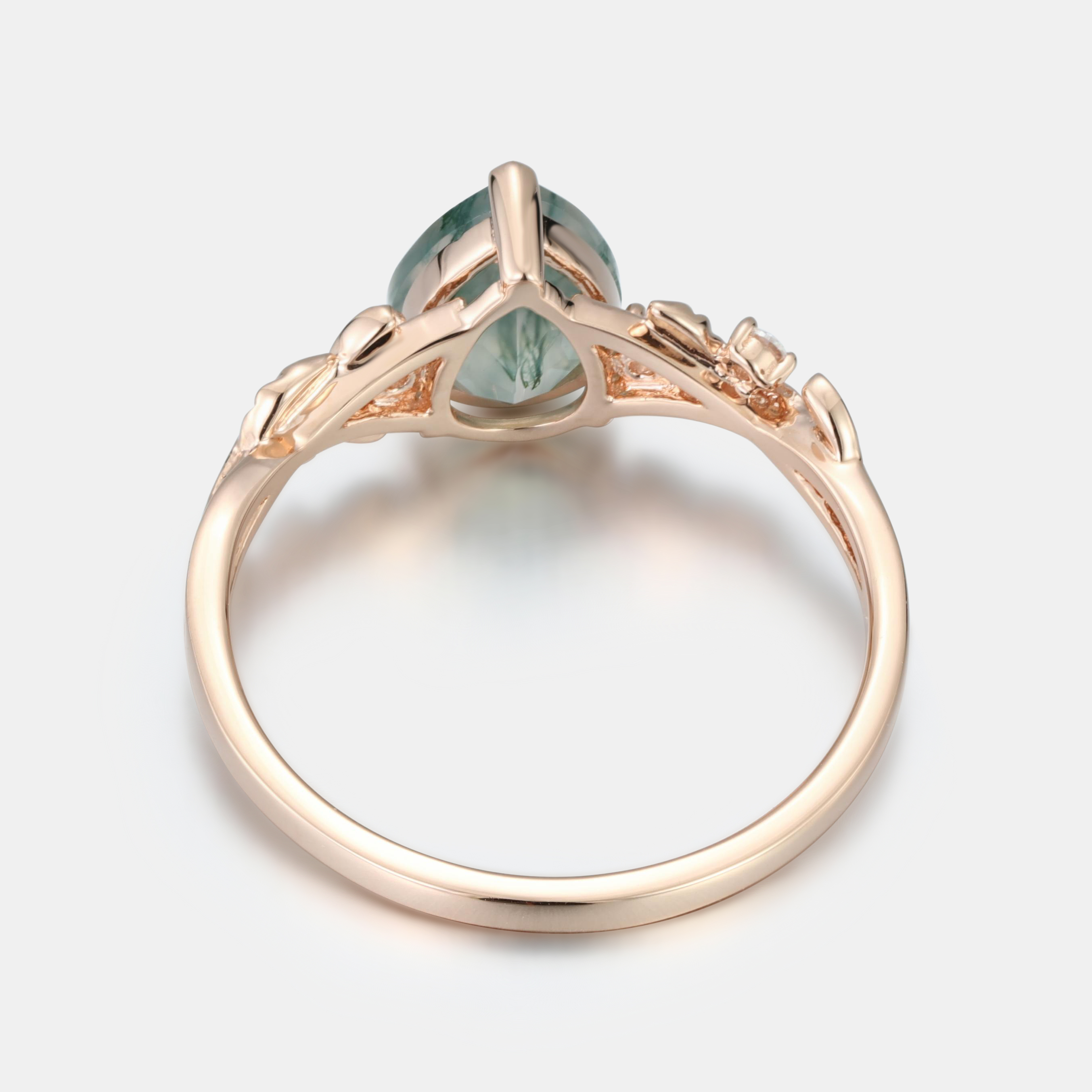 Pear Cut Moss Agate Floral Vine Engagement Ring – Rose Gold with Diamond Accents