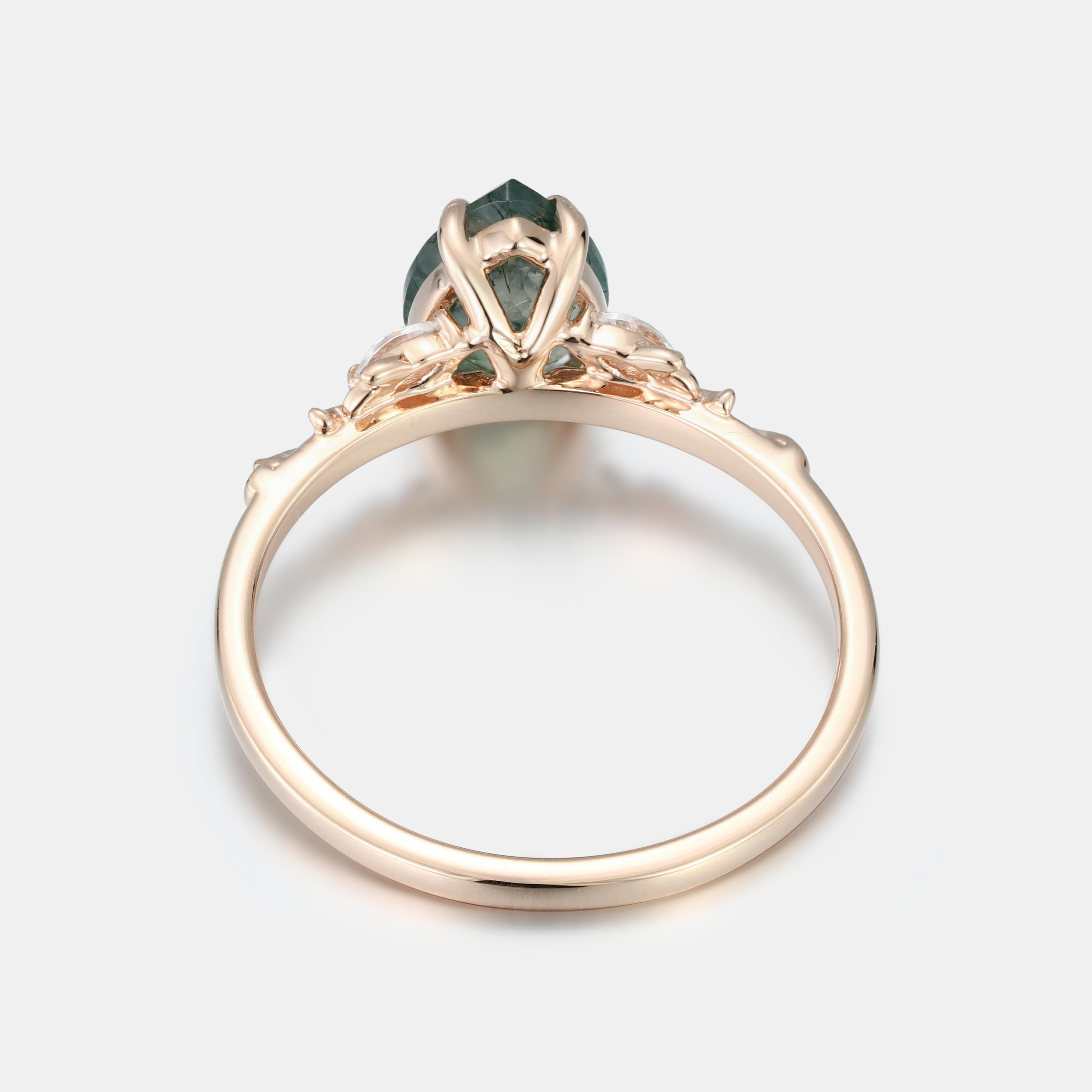 Unique Moss Agate Teardrop Ring with Rose Gold Vine Leaves and Diamonds