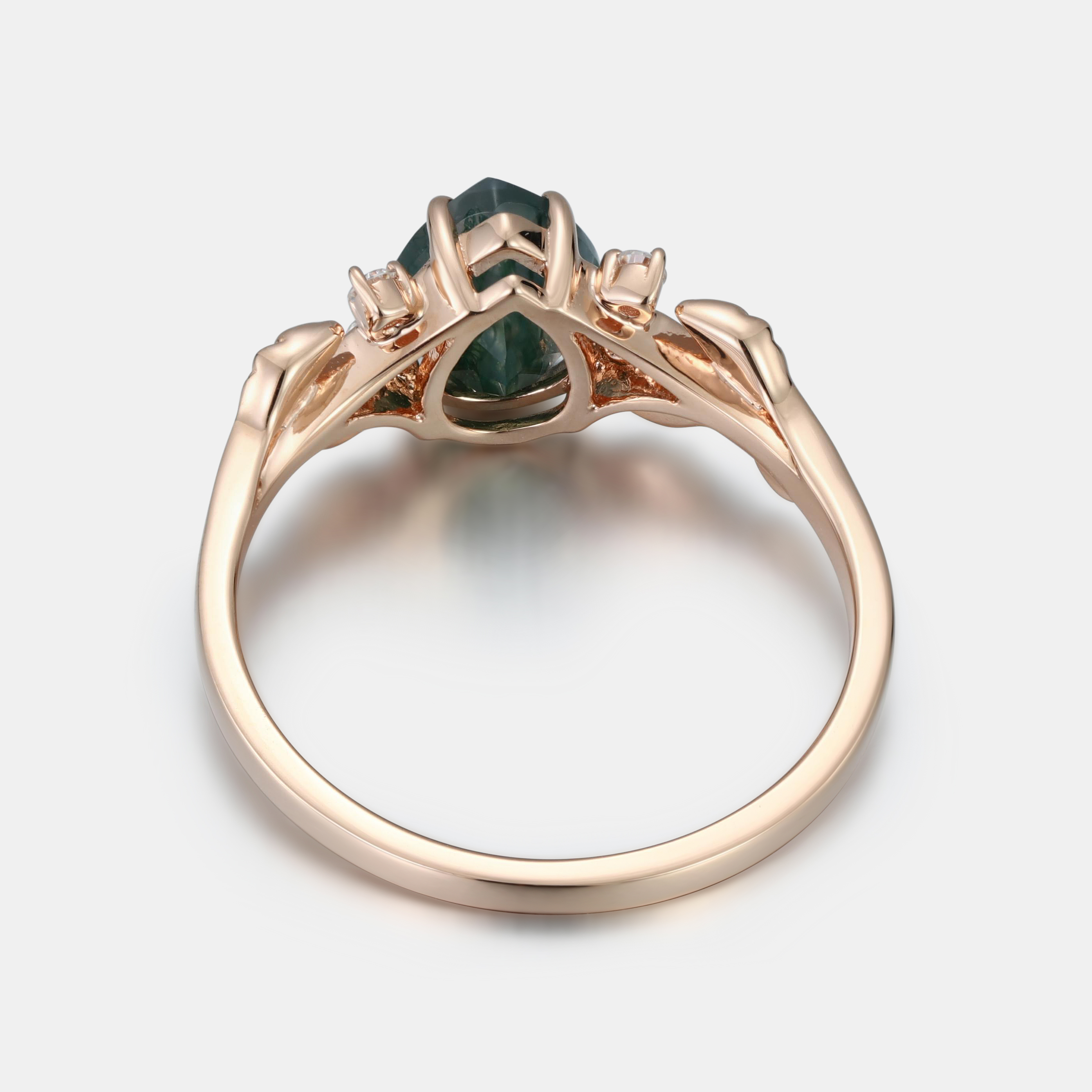 Whispers of the Forest – Pear Moss Agate Engagement Ring in Rose Gold with Leaf Vine & Diamonds