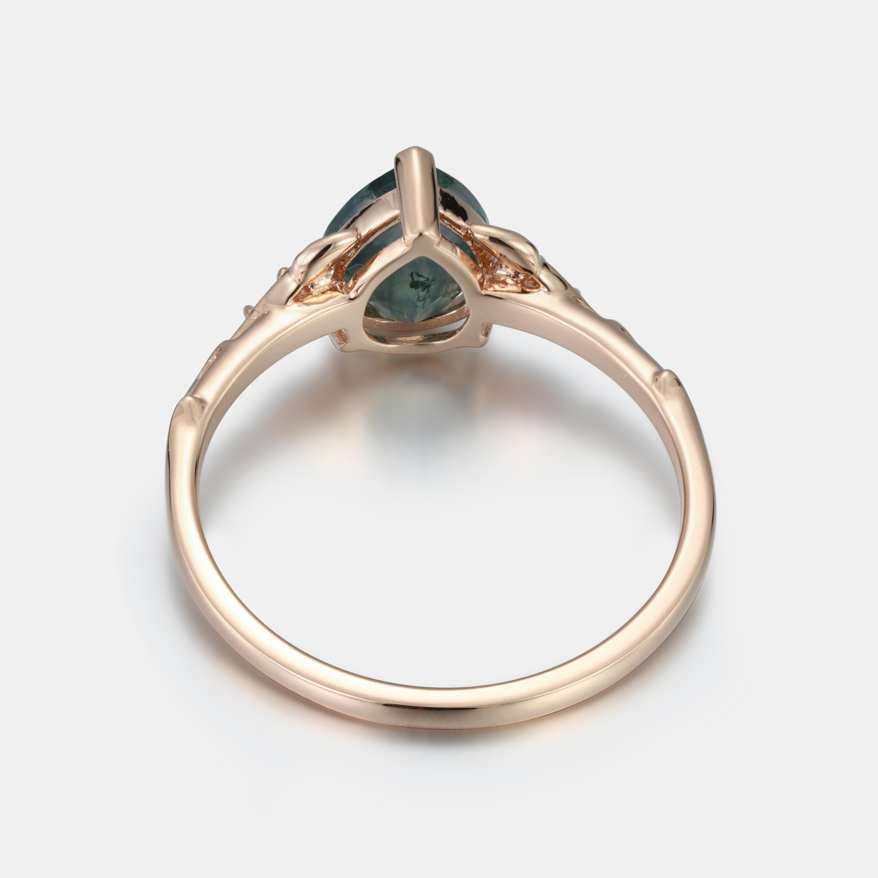 Enchanted Forest Pear Moss Agate Engagement Ring in 14K Rose Gold with Diamond Leaves