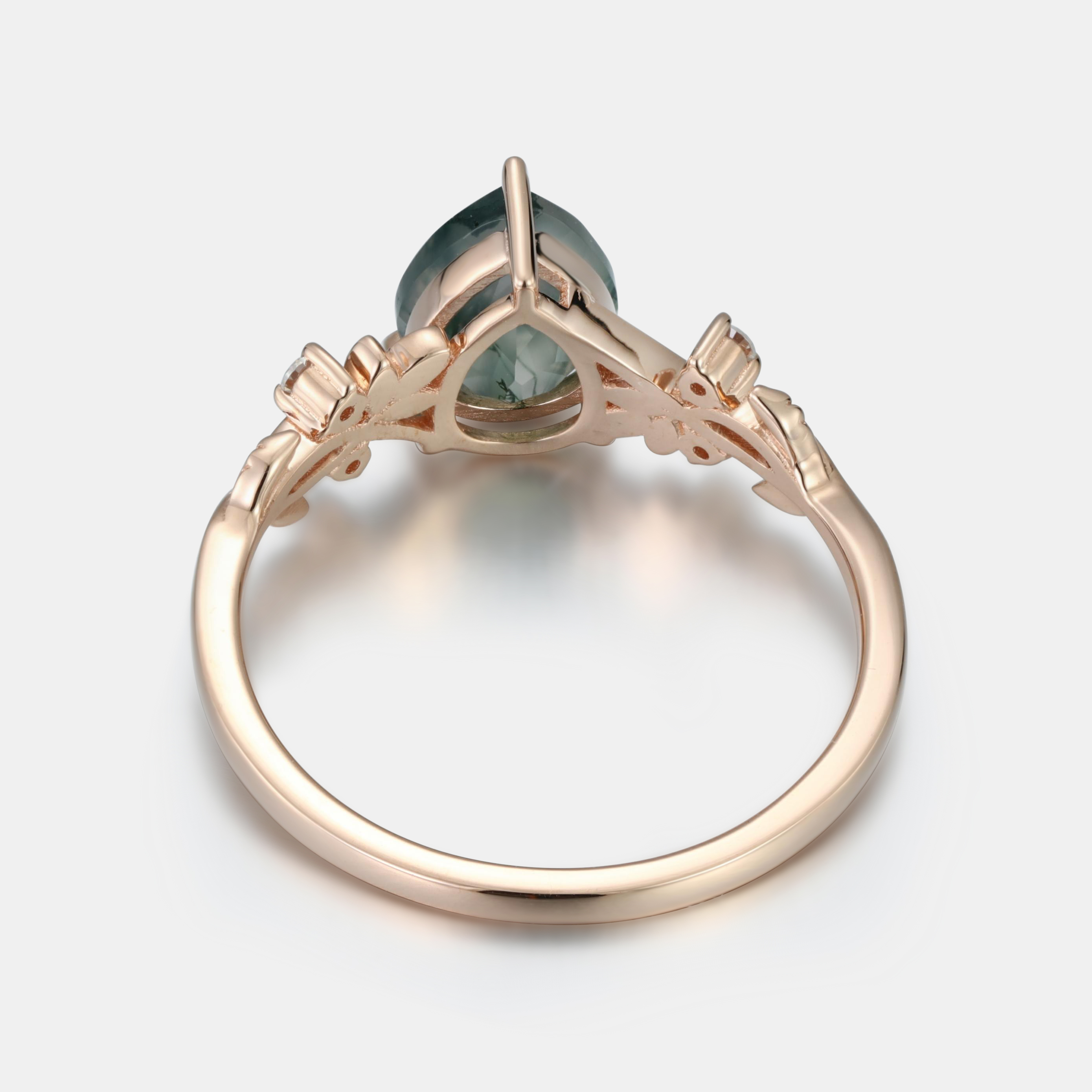 Eternal Canopy Pear Moss Agate Engagement Ring in 14K Rose Gold with Diamond Foliage