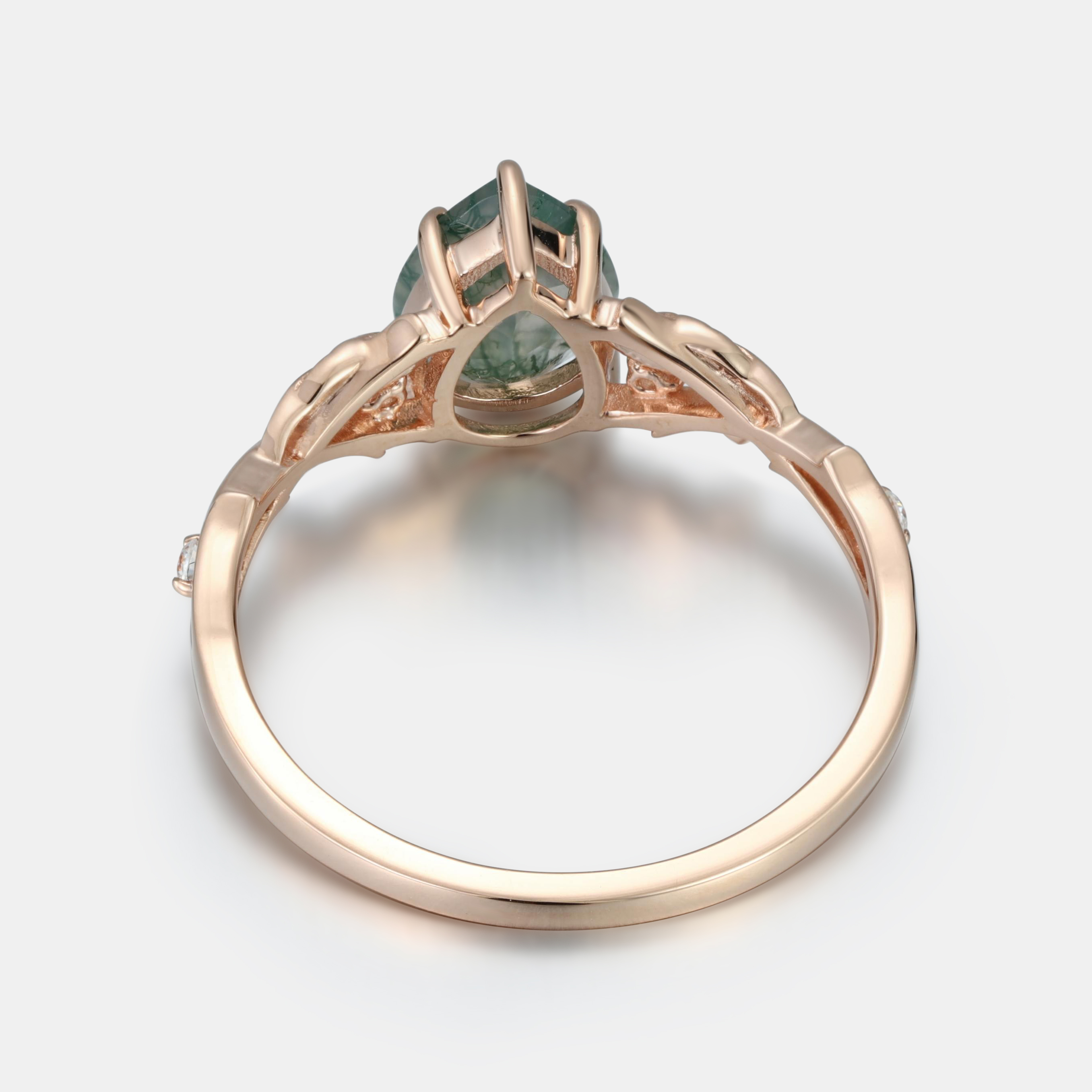 Eternal Canopy Pear Moss Agate Engagement Ring in Rose Gold with Diamond Vine Foliage