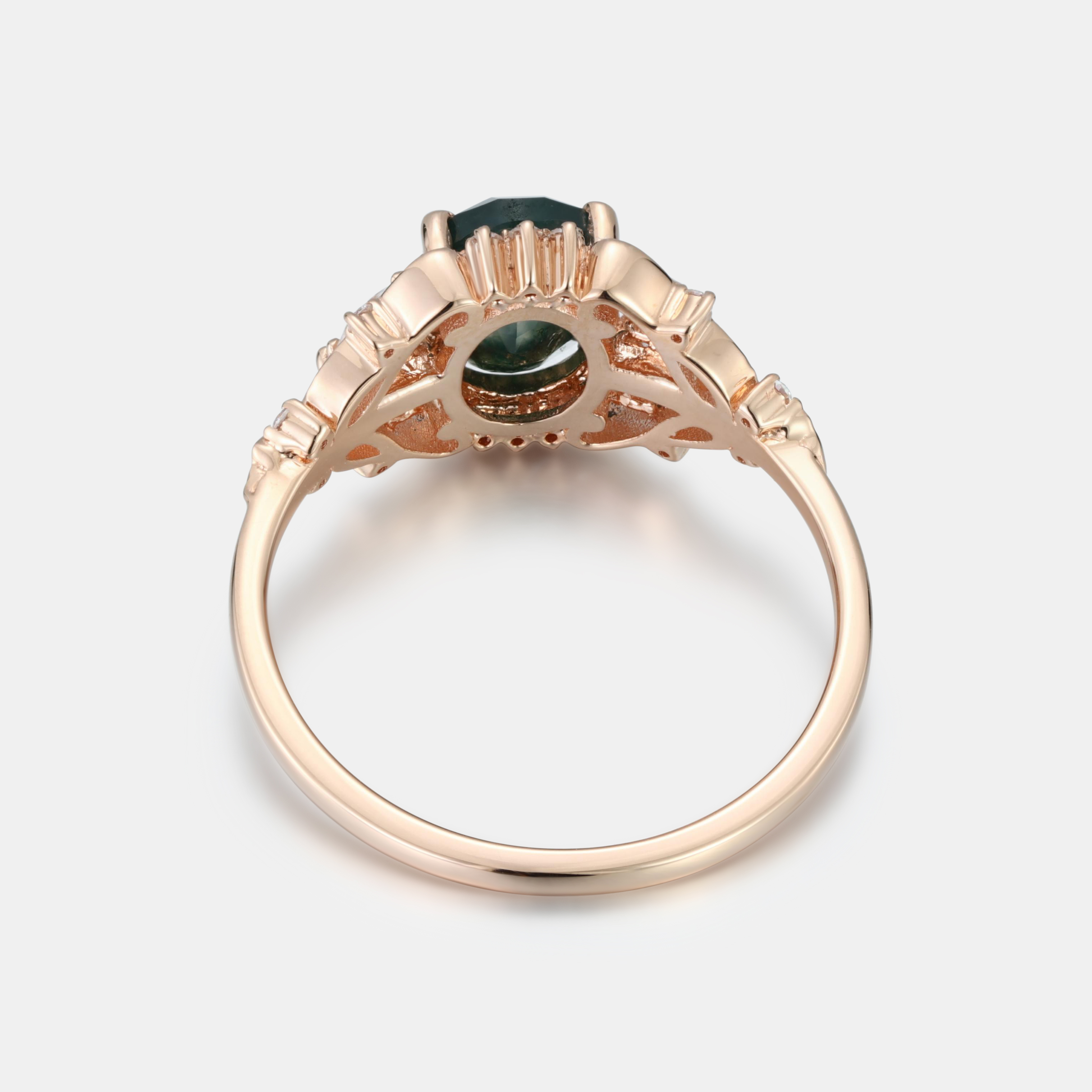 Lucky Eternal Canopy Oval Moss Agate Engagement Ring in Rose Gold with Diamond Halo