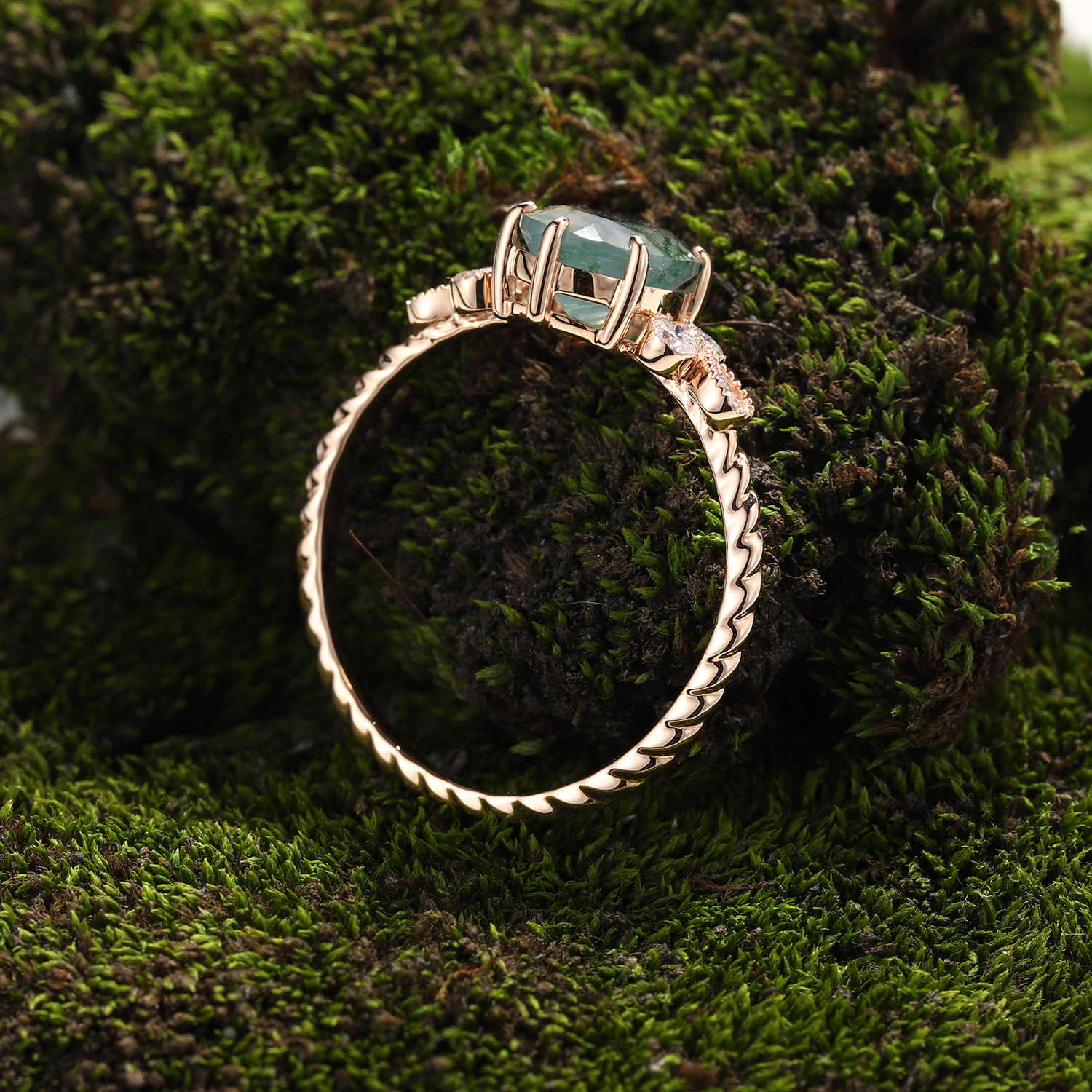 Rose Gold Natural Oval Cut Moss Agate Floral Twist Ring – Romantic Bloom from the Forest