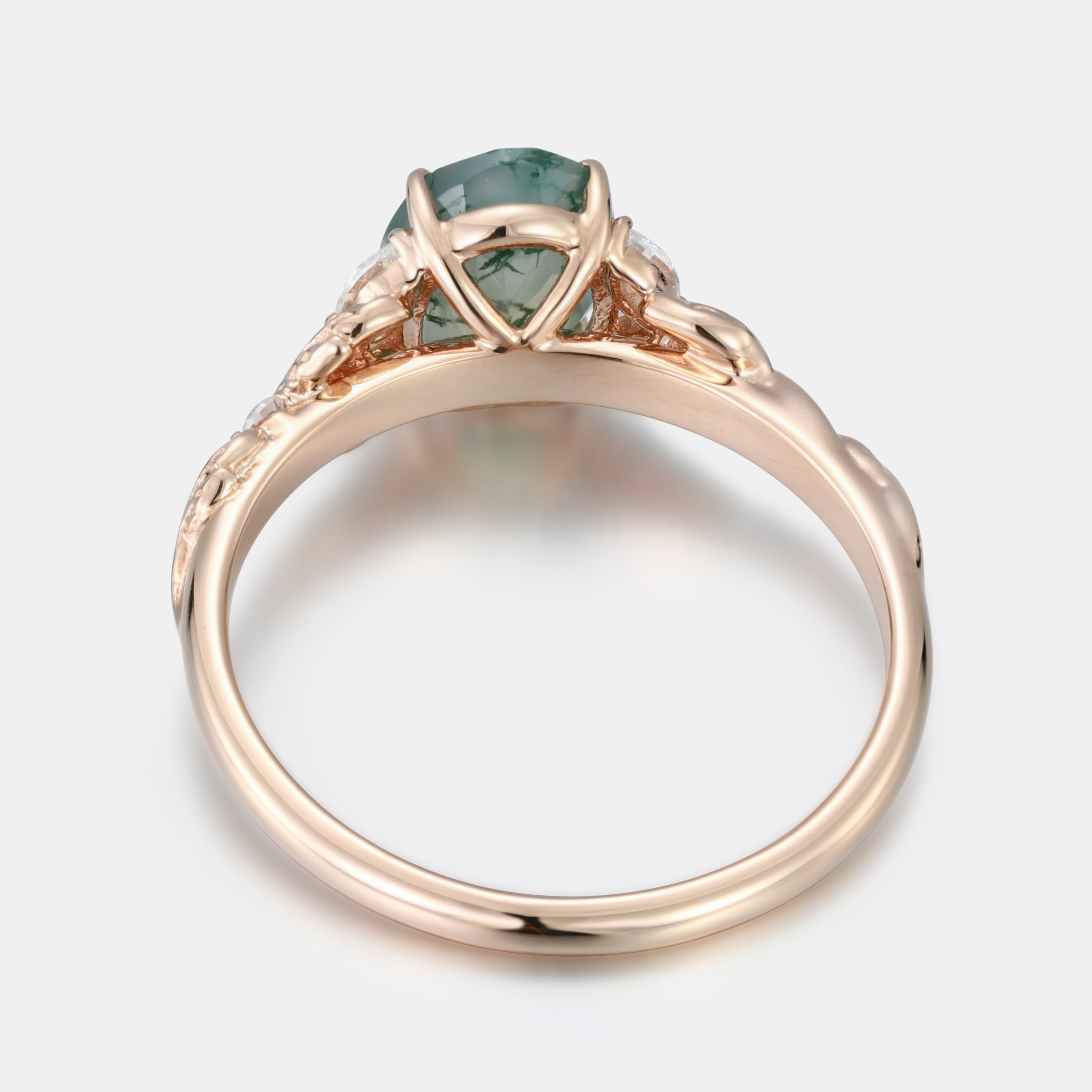 Rose Gold Natural Oval Cut Moss Agate Vine Leaf Ring with Moissanite Accents | Nature-Inspired Engagement Ring