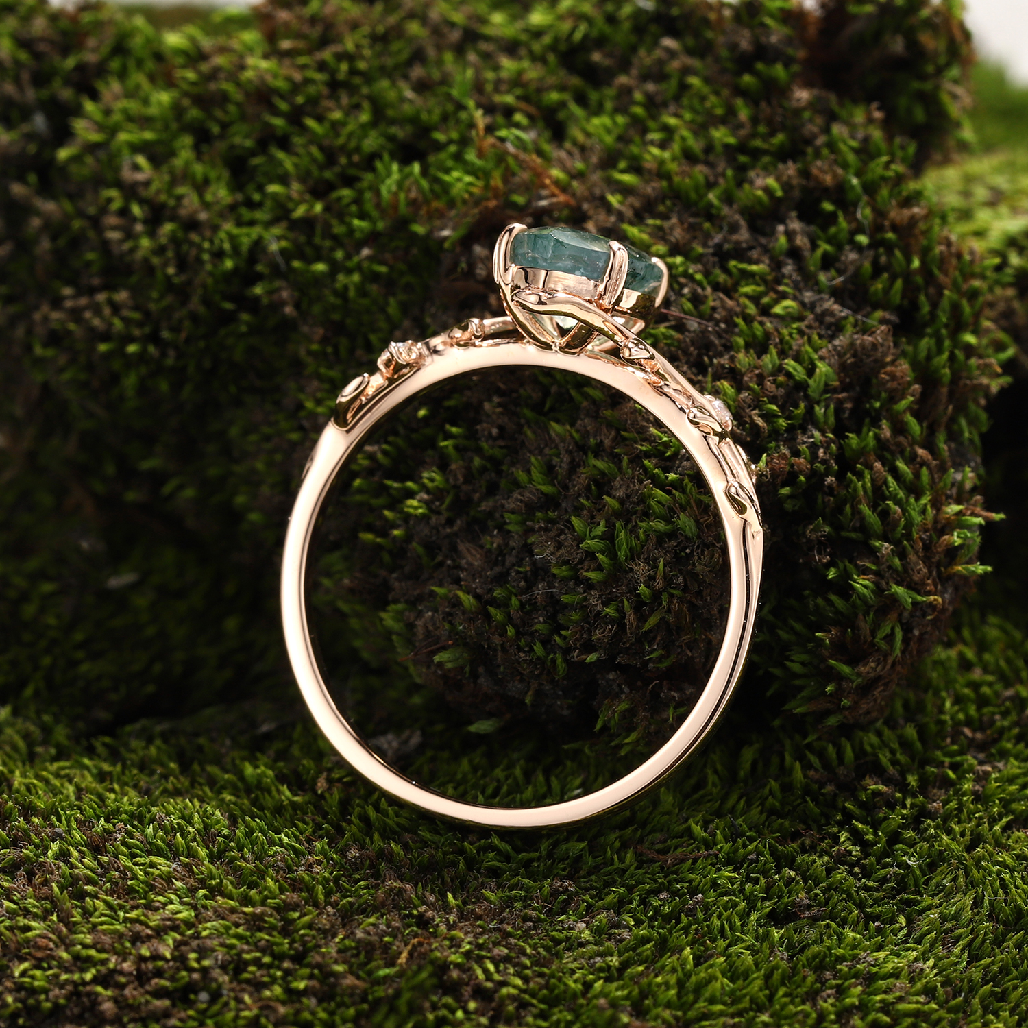 Rose Gold Natural Pear Cut Moss Agate Intertwined Vine Ring with Leaf Carving | Artistic Luxe Engagement Ring