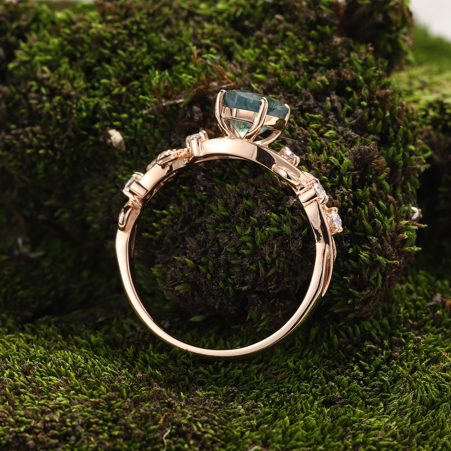 Nature-Inspired Pear Moss Agate Engagement Ring in 14K Rose Gold with Leaf Vine & Diamonds