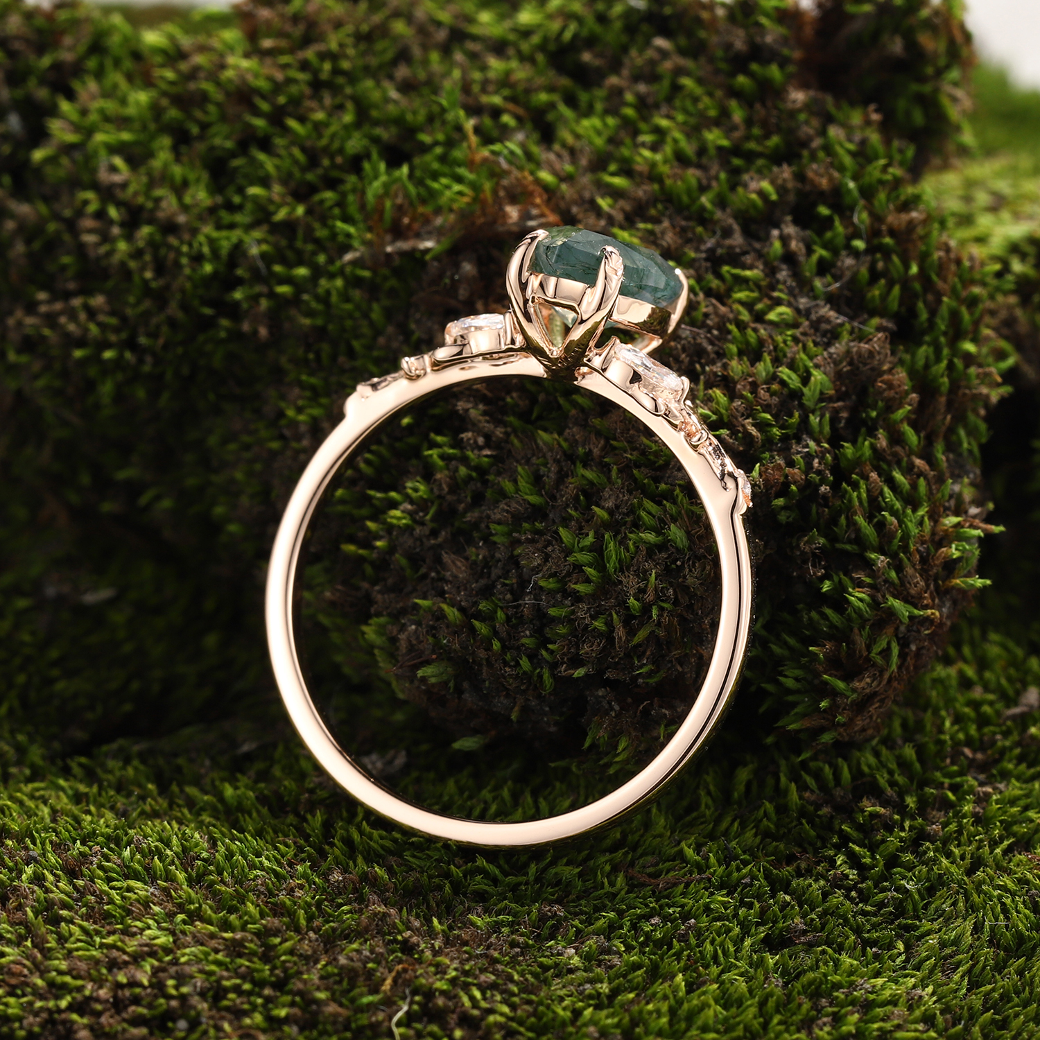 Unique Moss Agate Teardrop Ring with Rose Gold Vine Leaves and Diamonds