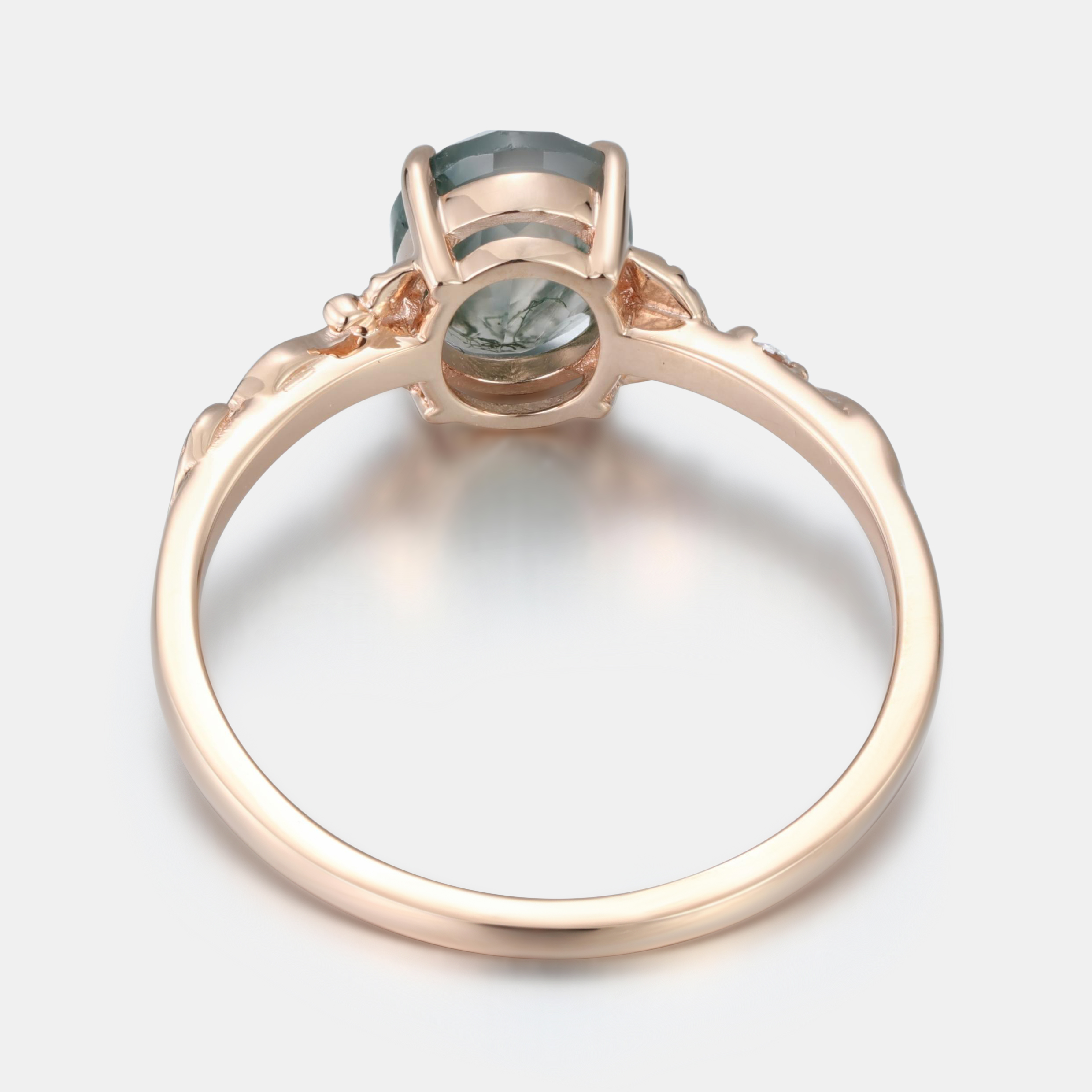 Rose Gold Natural Oval Cut Moss Agate Swirling Vine Ring with Moissanite Accents | Art Nouveau Engagement Ring