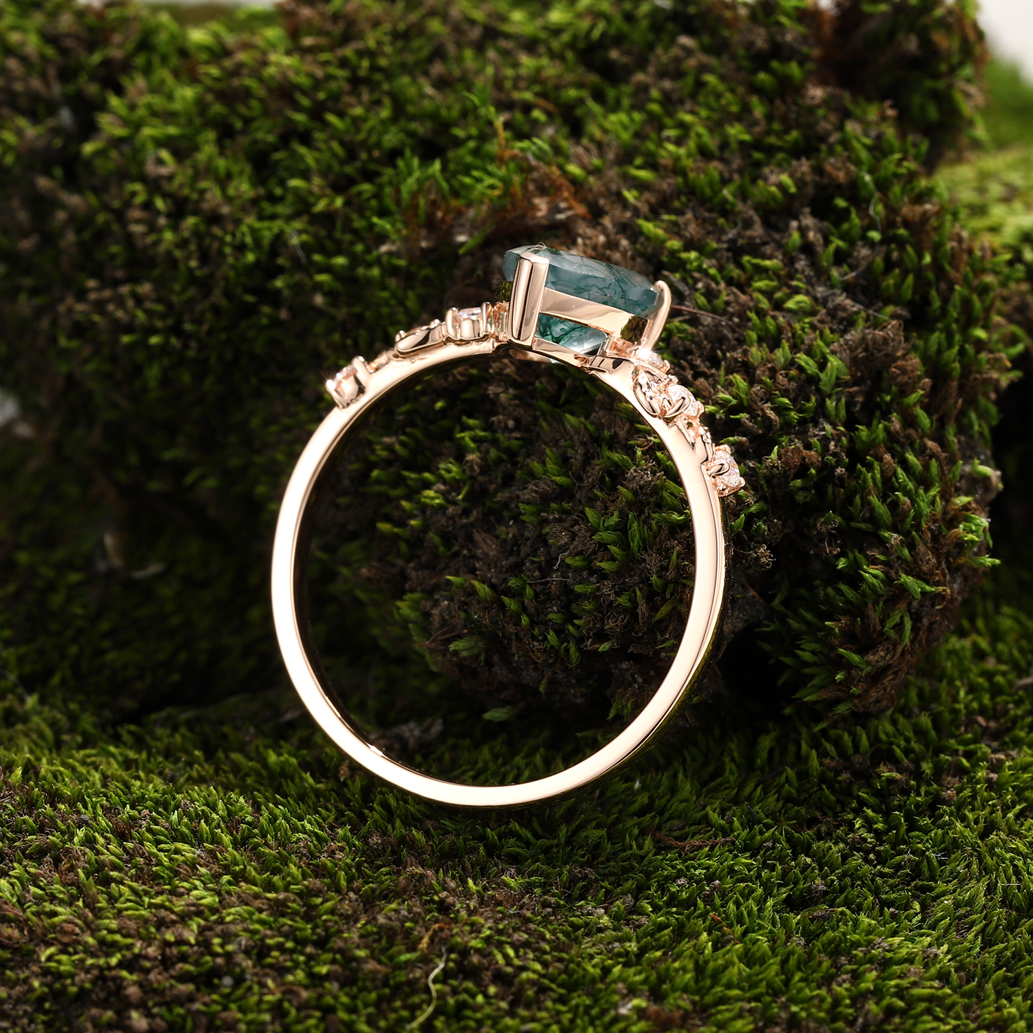 Botanical Pear Moss Agate Engagement Ring |  Rose Gold Vine & Leaf Jewelry