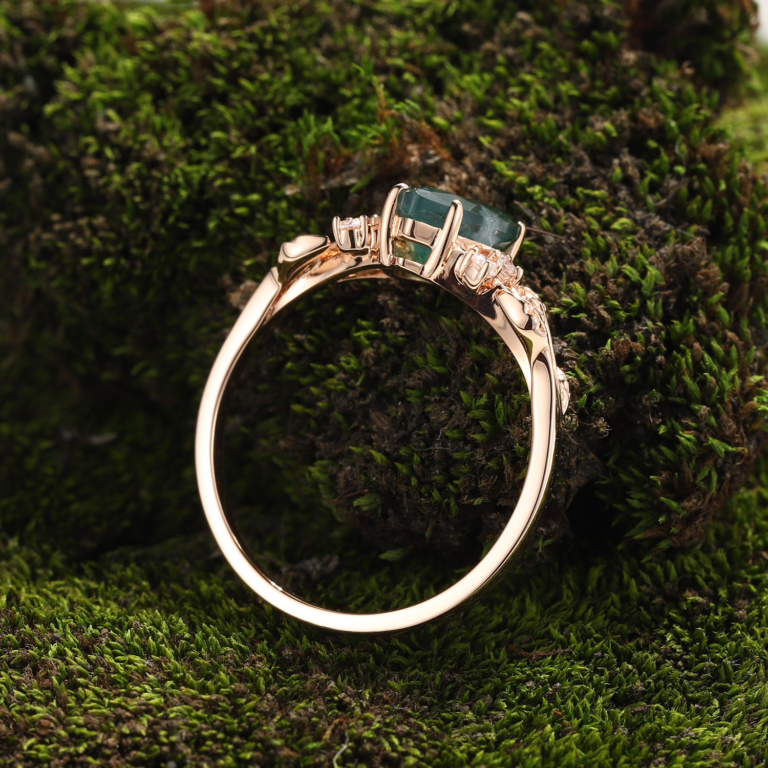 Whispers of the Forest – Pear Moss Agate Engagement Ring in Rose Gold with Leaf Vine & Diamonds