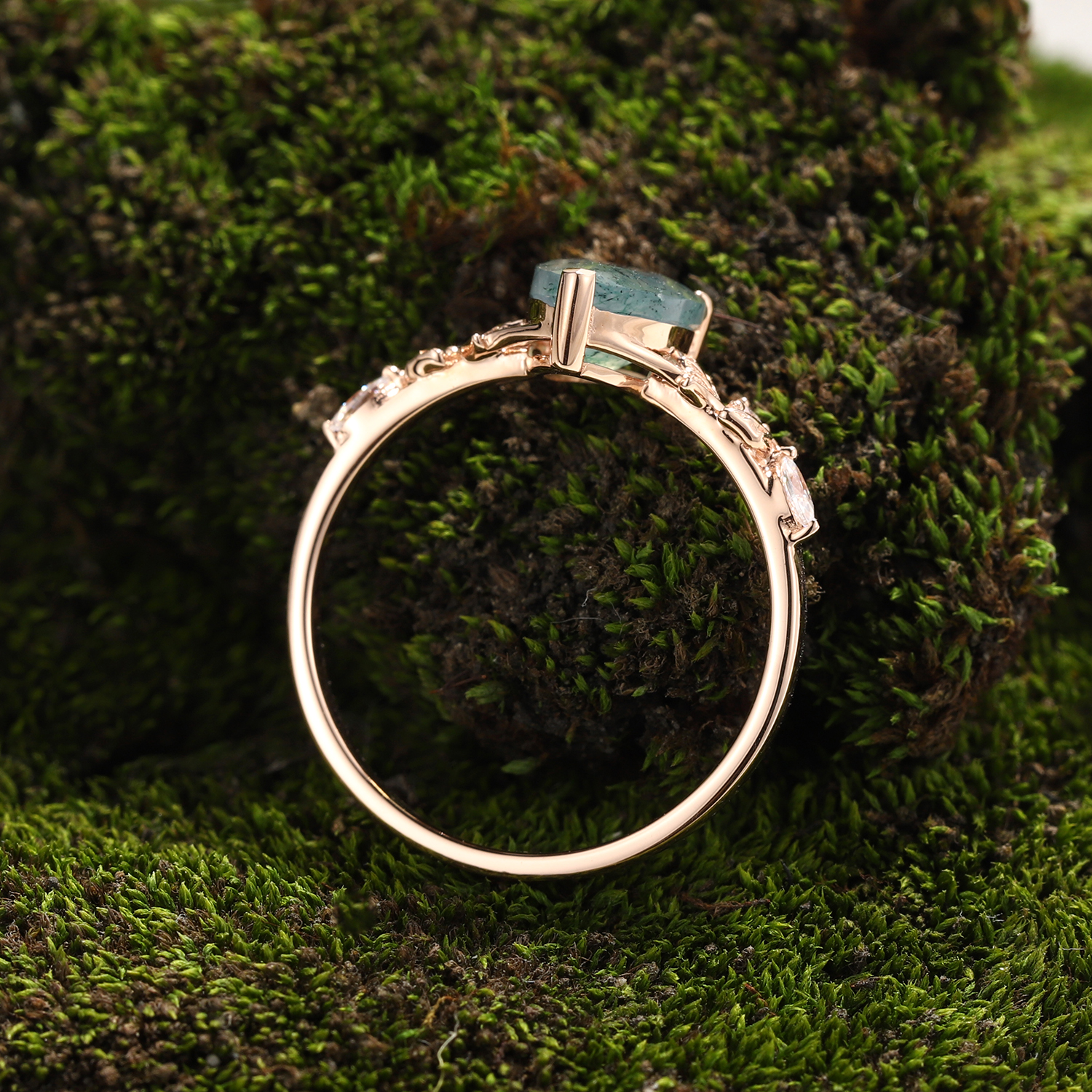 Lucky Moss Agate Floral Engagement Ring – Pear Shape in Rose Gold