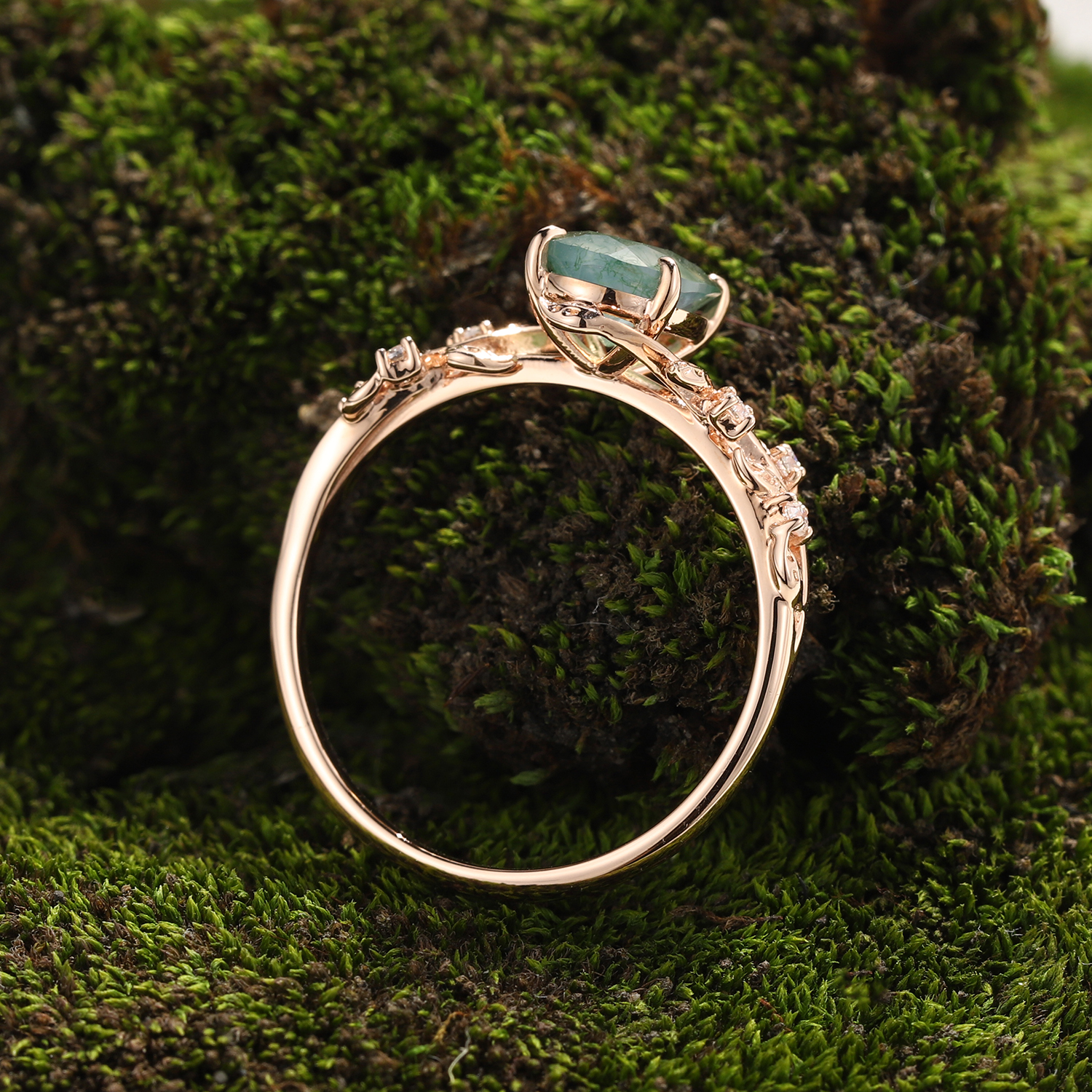 Rose Gold Natural Oval Cut Moss Agate Intertwined Vine Ring with Leaf Carving & moissanite Accents | Nature Artistic Engagement Ring