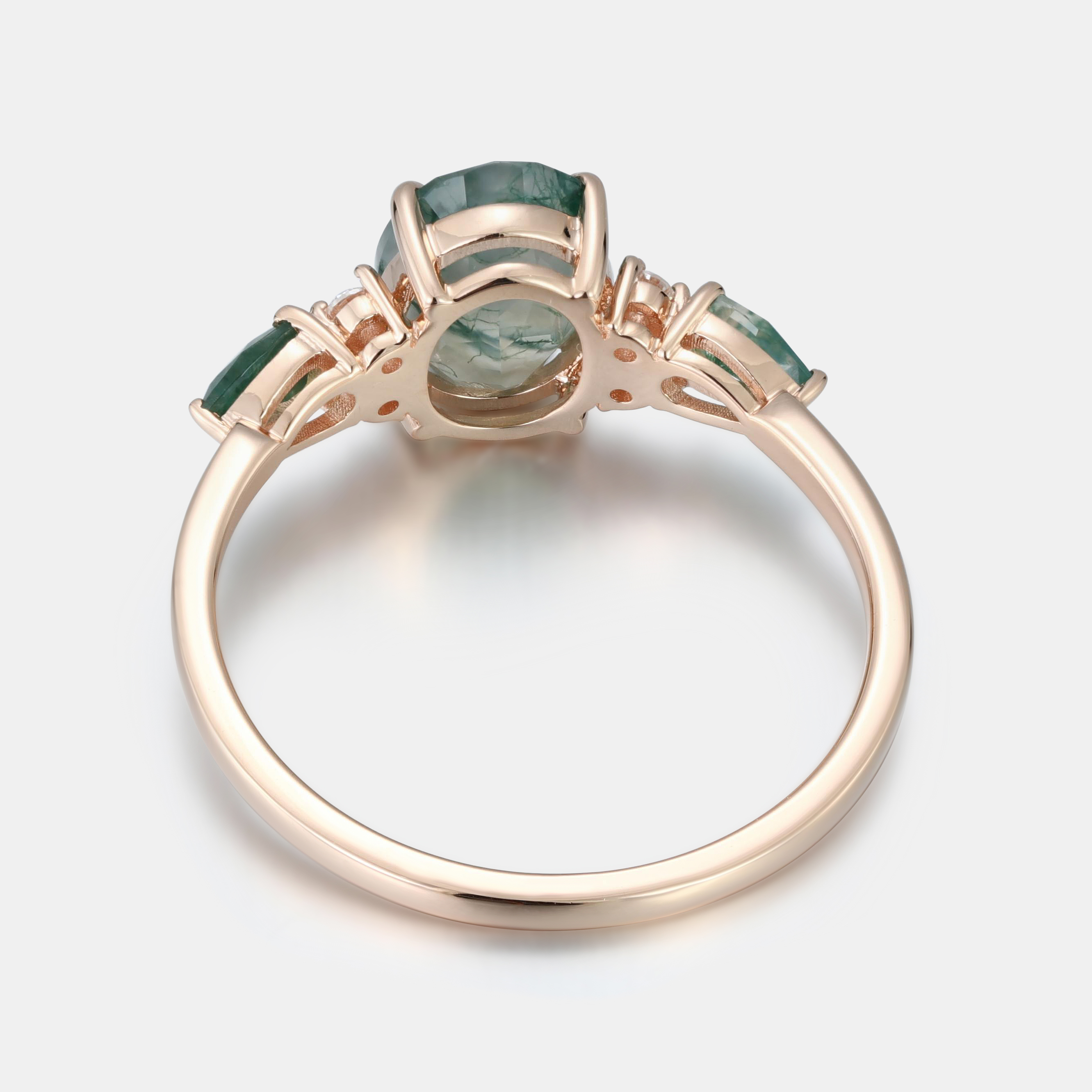 Rose Gold Natural Oval Cut Moss Agate Three-Stone Ring with Pear Side Stones & Moissanite Accents | Nature-Inspired Engagement Ring