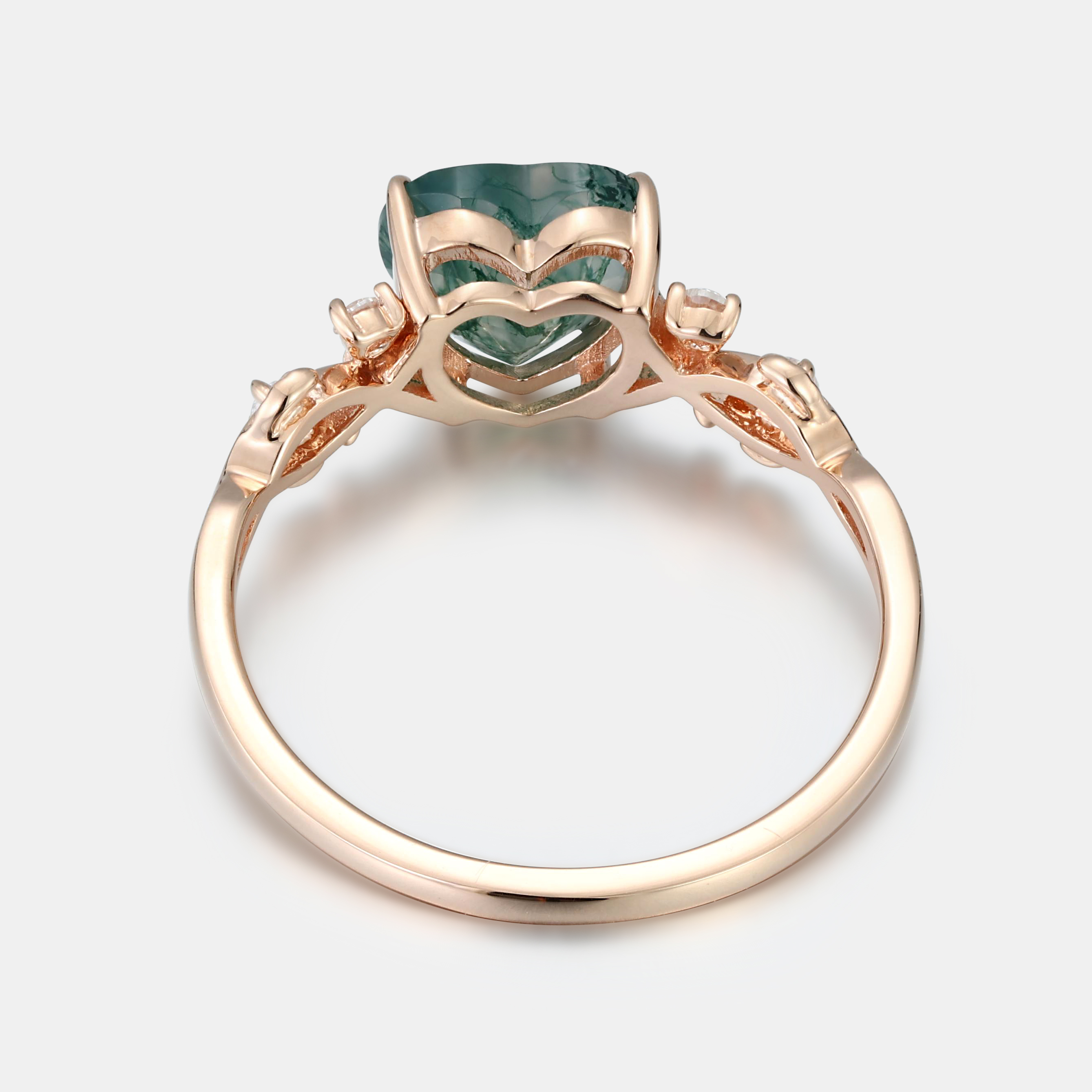 Lucky Heart Natural Moss Agate Engagement Ring in Rose Gold | Leaf Vine Botanical Design with Moissanite Accents