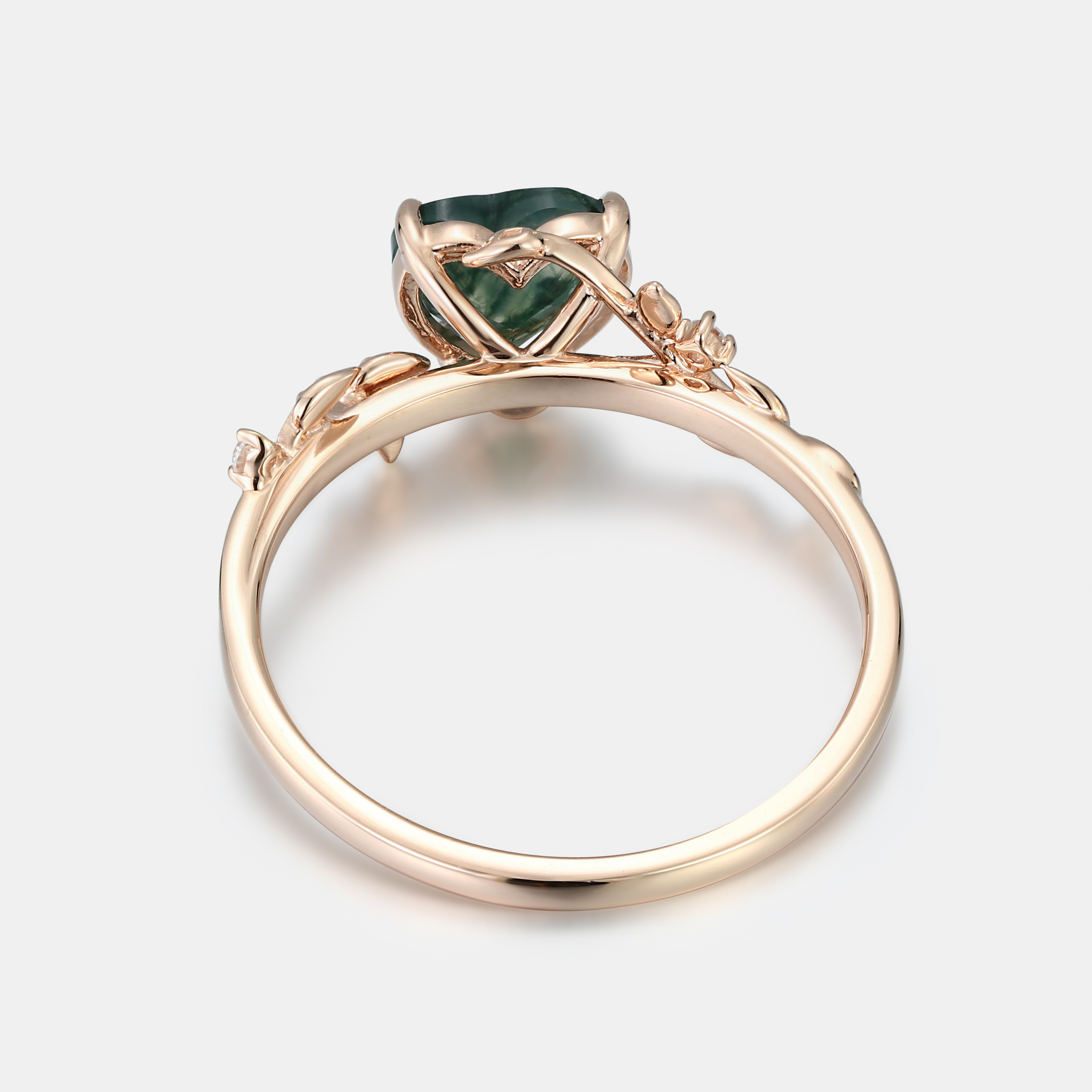Lucky Heart Natural Moss Agate Engagement Ring in Rose Gold | Leaf Vine Botanical Design with Moissanite Accents
