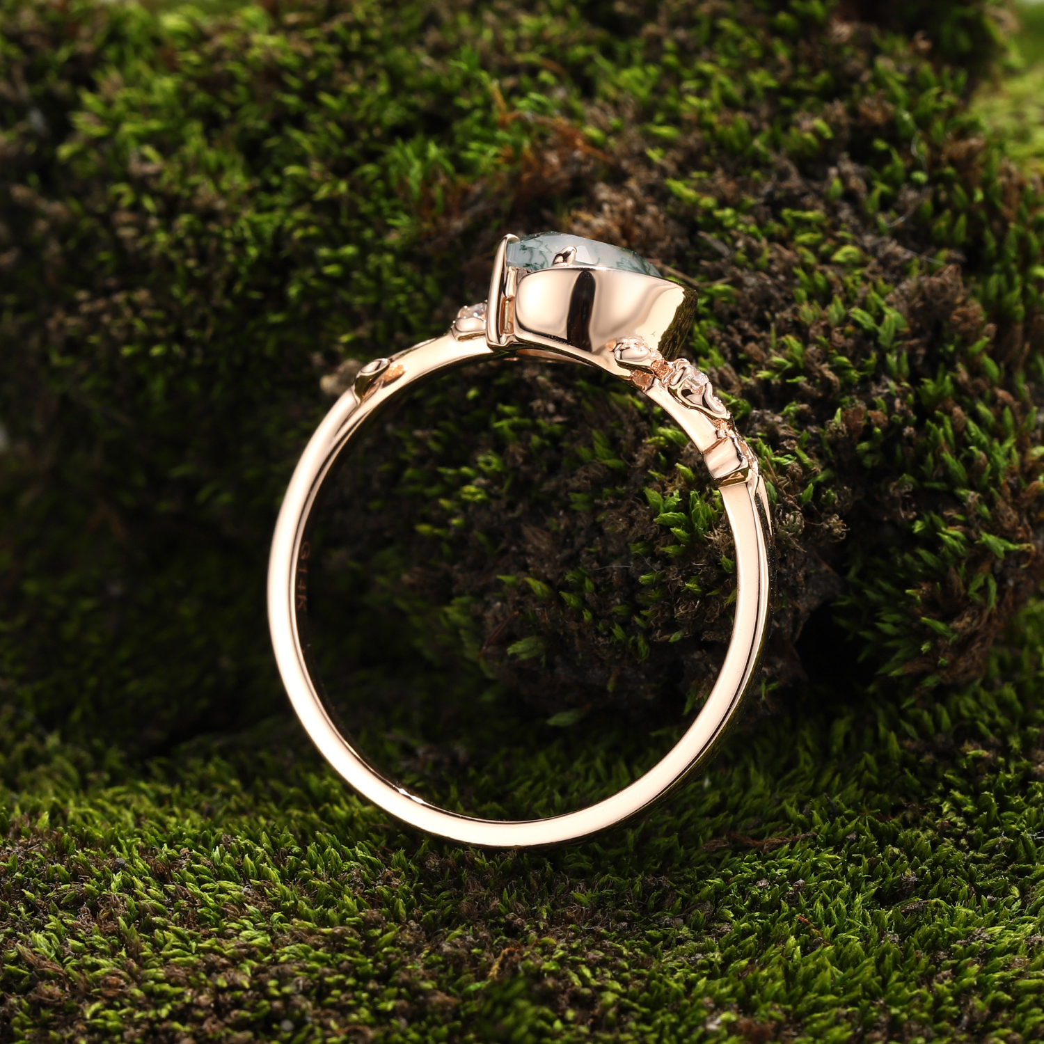 Lucky Round Natural Moss Agate Engagement Ring in Rose Gold | Crescent Leaf Vine Botanical Design with Moissanite Accents