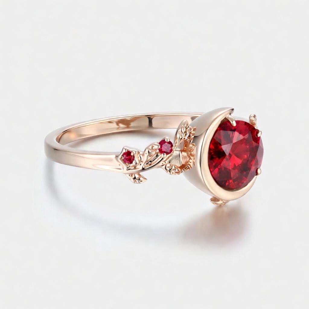 Lucky Round Ruby Engagement Ring in  Rose Gold | Crescent Leaf Vine Botanical Design with Ruby Accents 